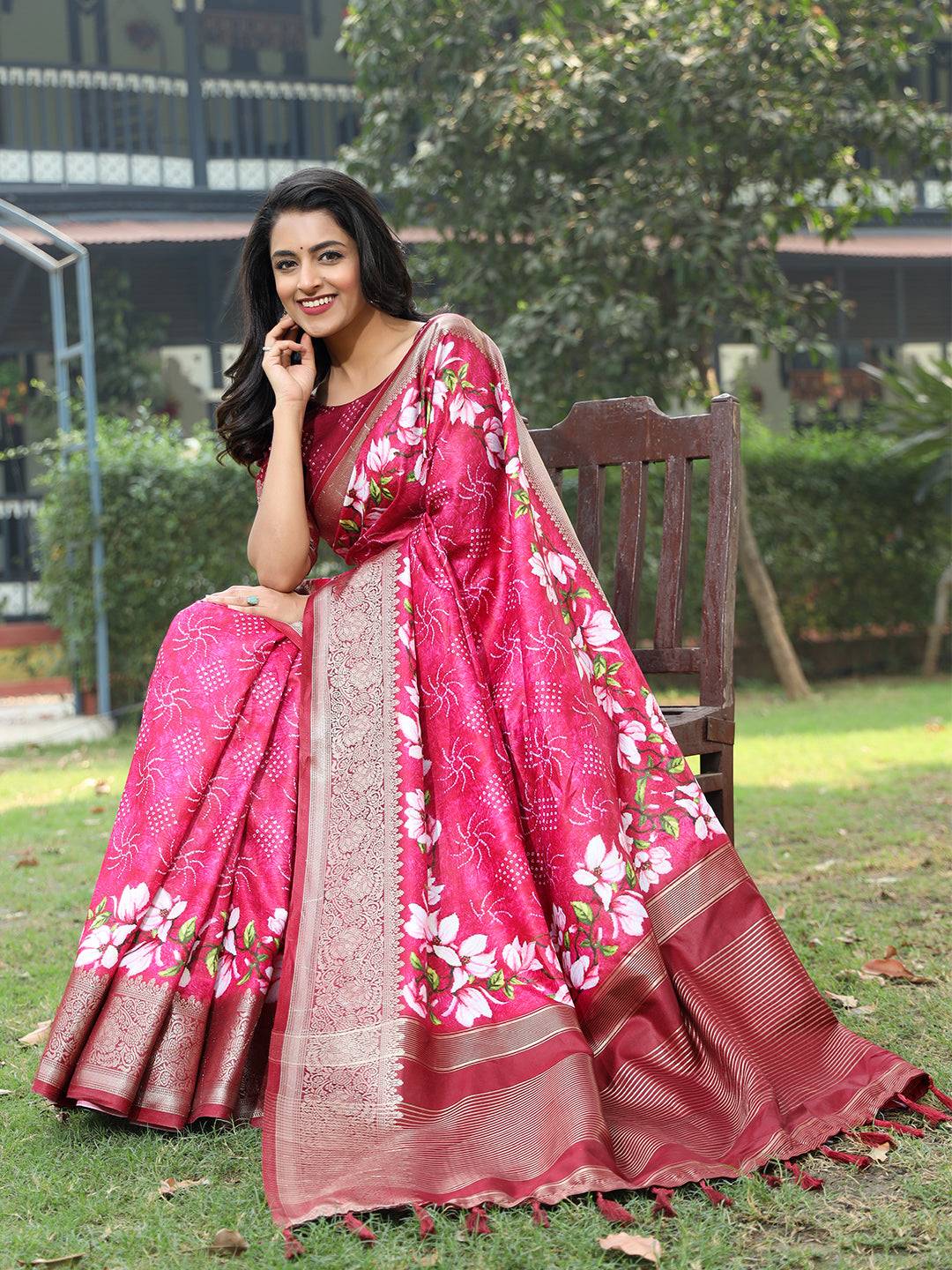 Pink Pure Viscose Dola Silk Saree With Floral Print Border