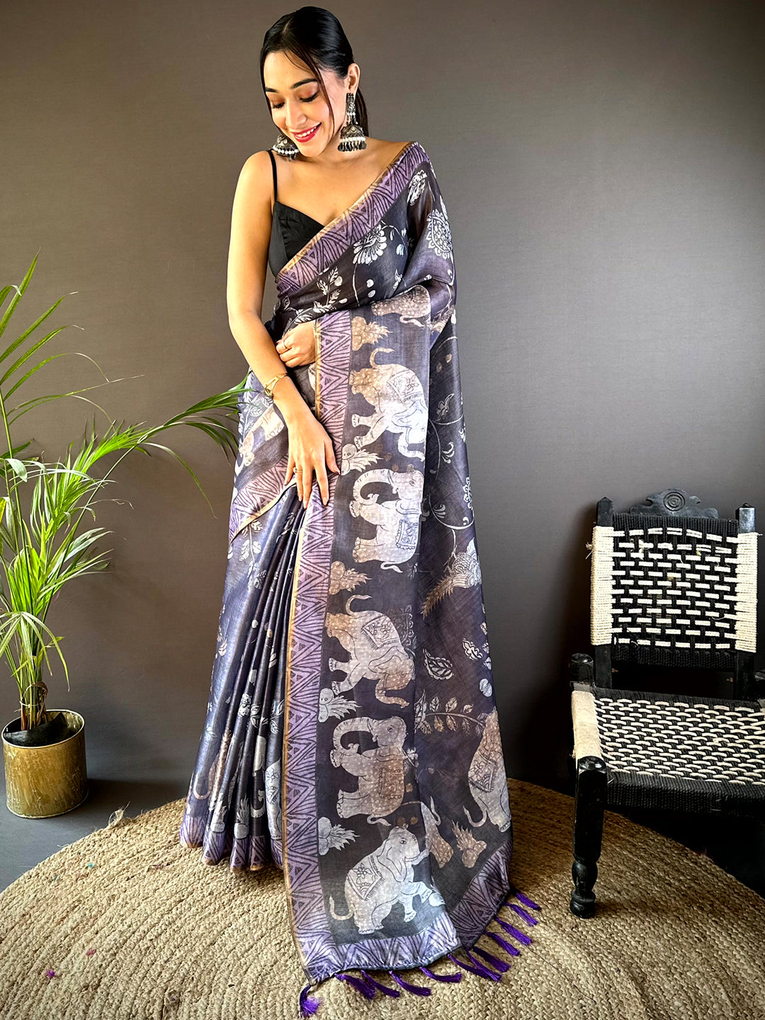 Purple Kalamkari Block Print Chanderi Saree