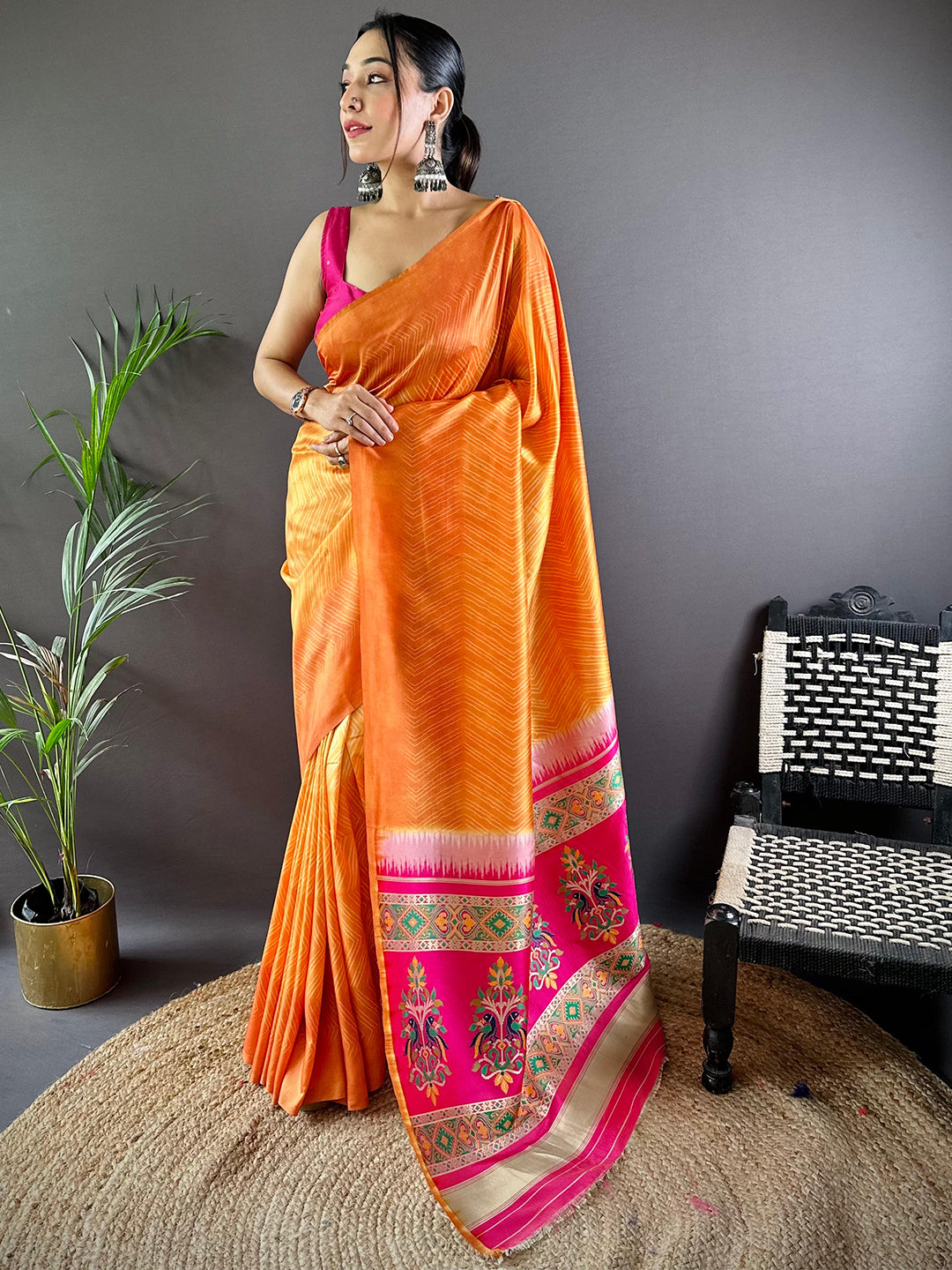 Orange Leheriya Gamthi Silk Sarees