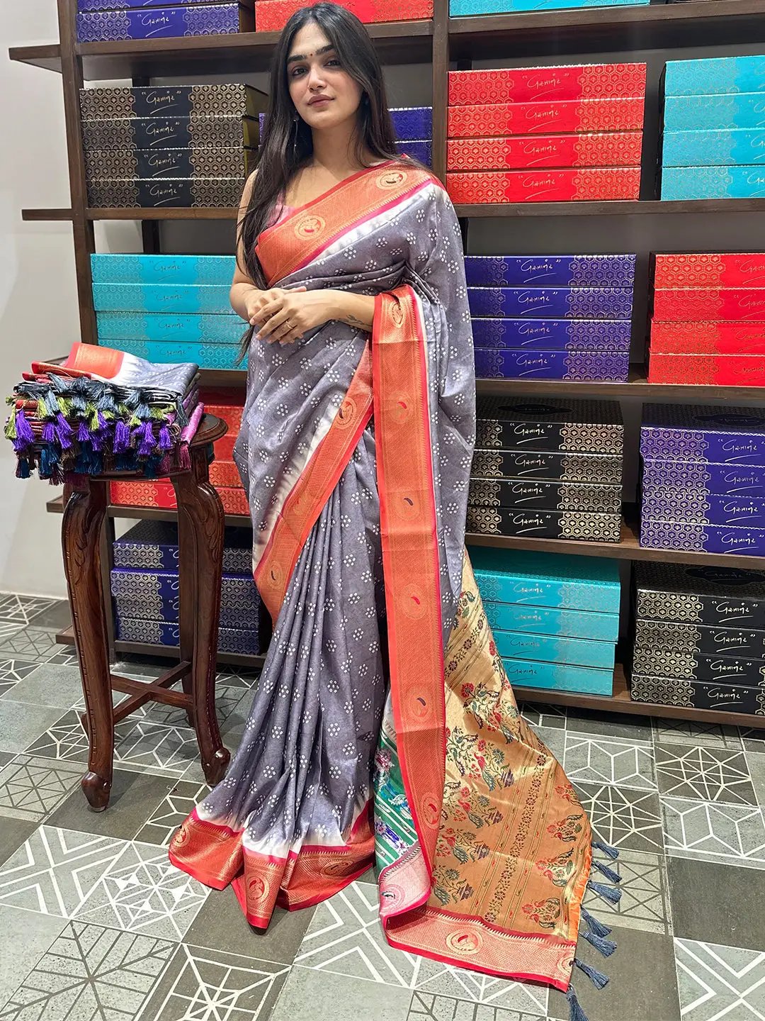 Silk Paithani Saree With Bandhej Print Minakari Pallu