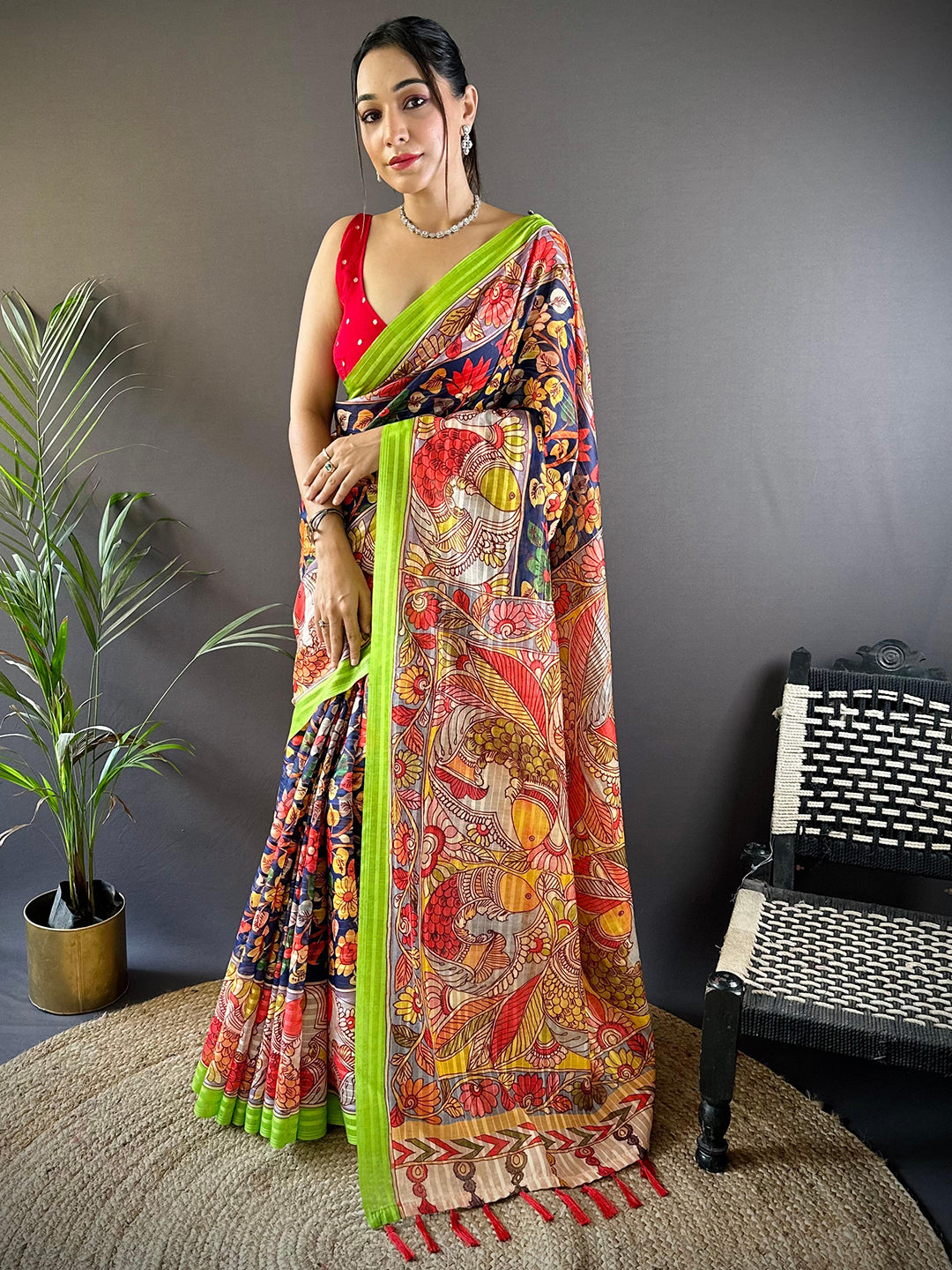 Orchid Blue Pen Kalamkari Linen Saree