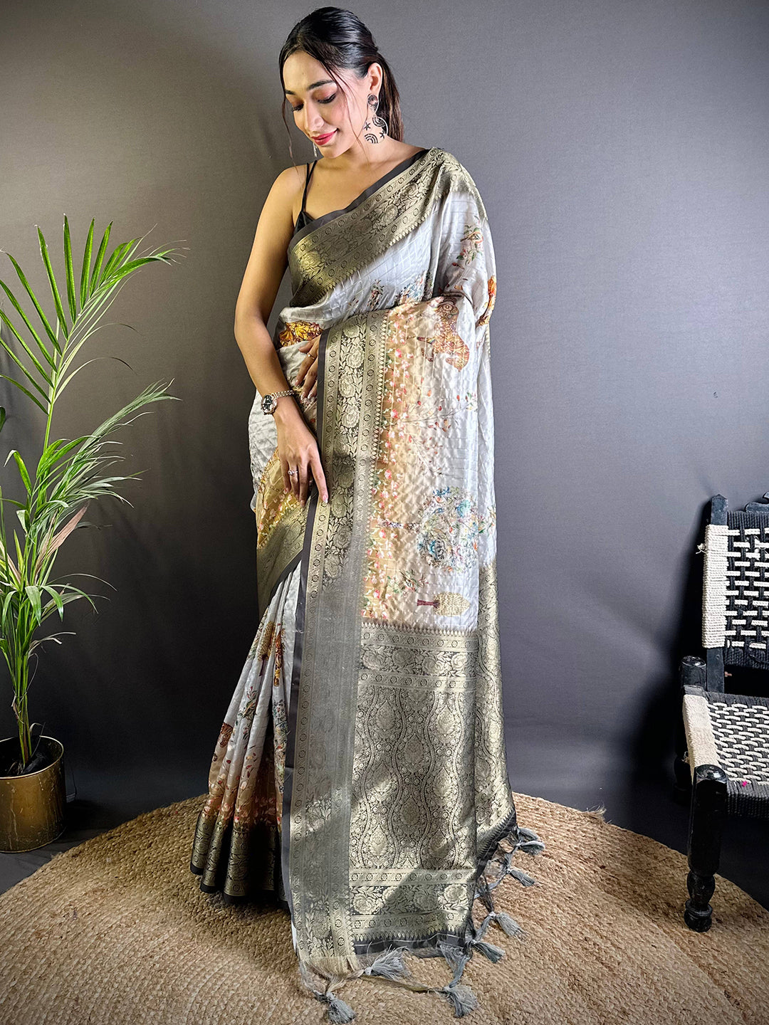 Grey Chex Radiance Banarasi Silk Saree