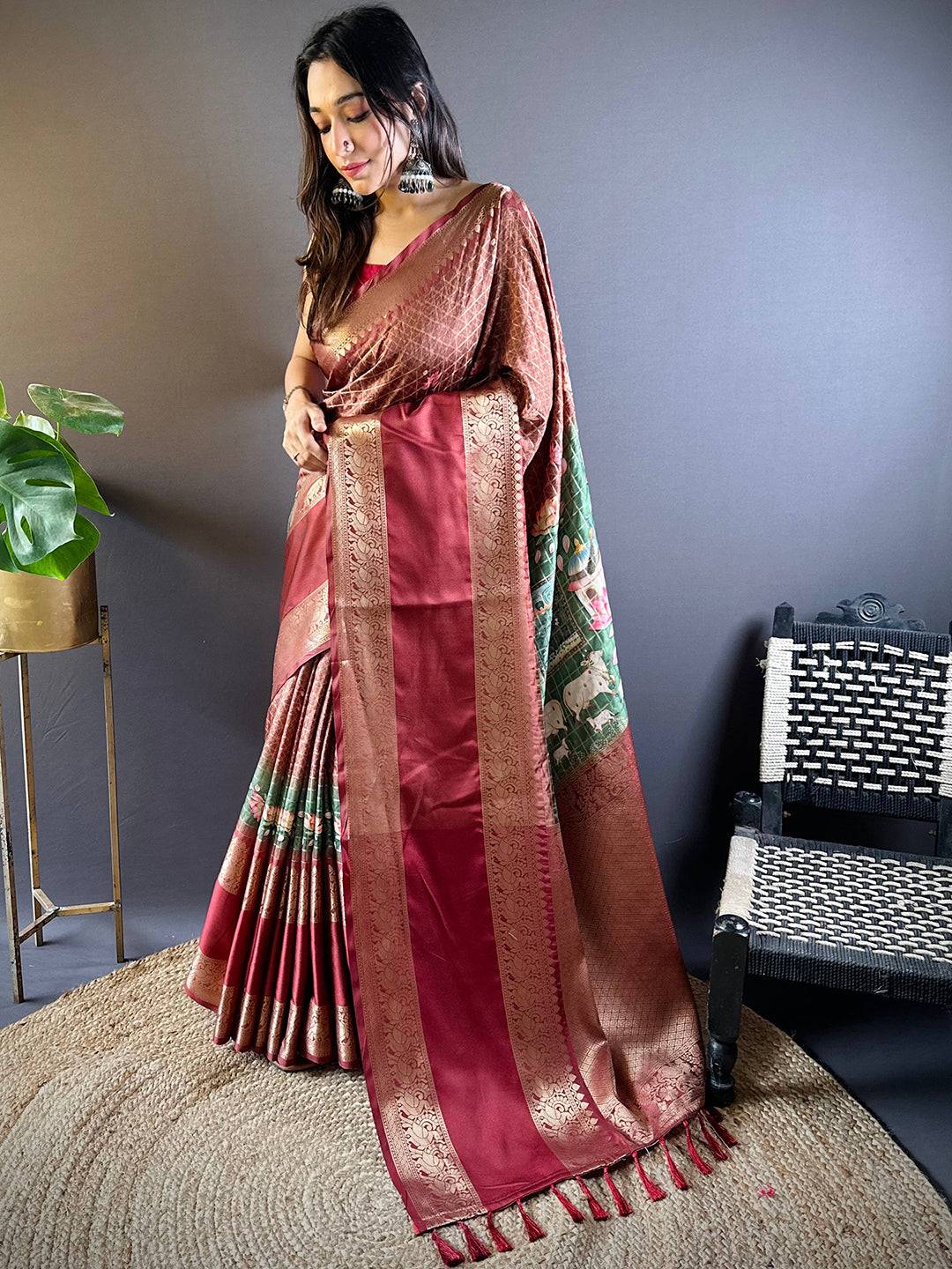 Brown Banarasi Pichwai Print Saree