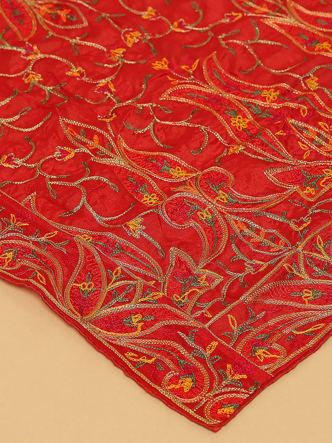 Close-up of threadwork on Red Poly Chiffon Pashmina Dupatta