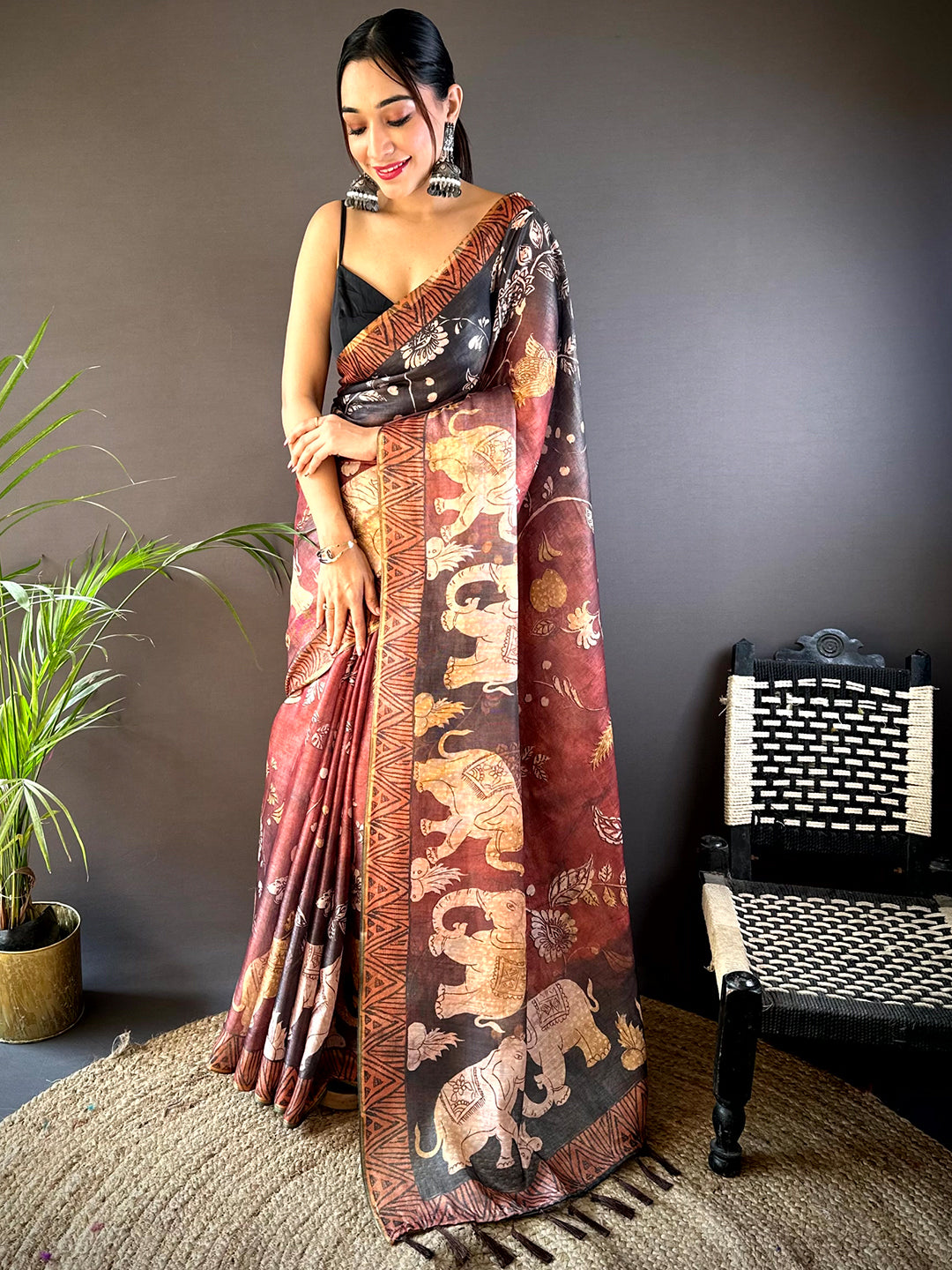 Red Kalamkari Block Print Chanderi Saree