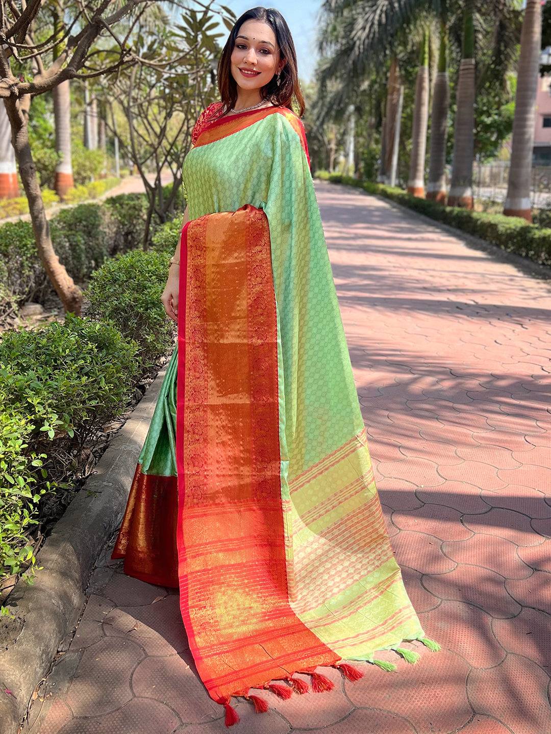 Traditional Pista Kanjivaram Saree with Red Zari Blouse