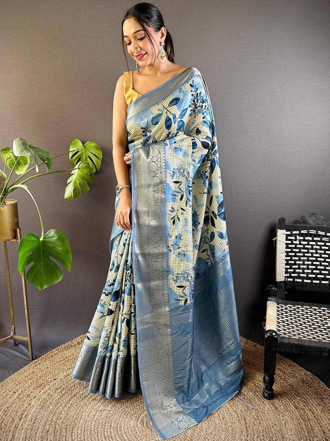 Leaf And Check Sky Blue Viscose Saree