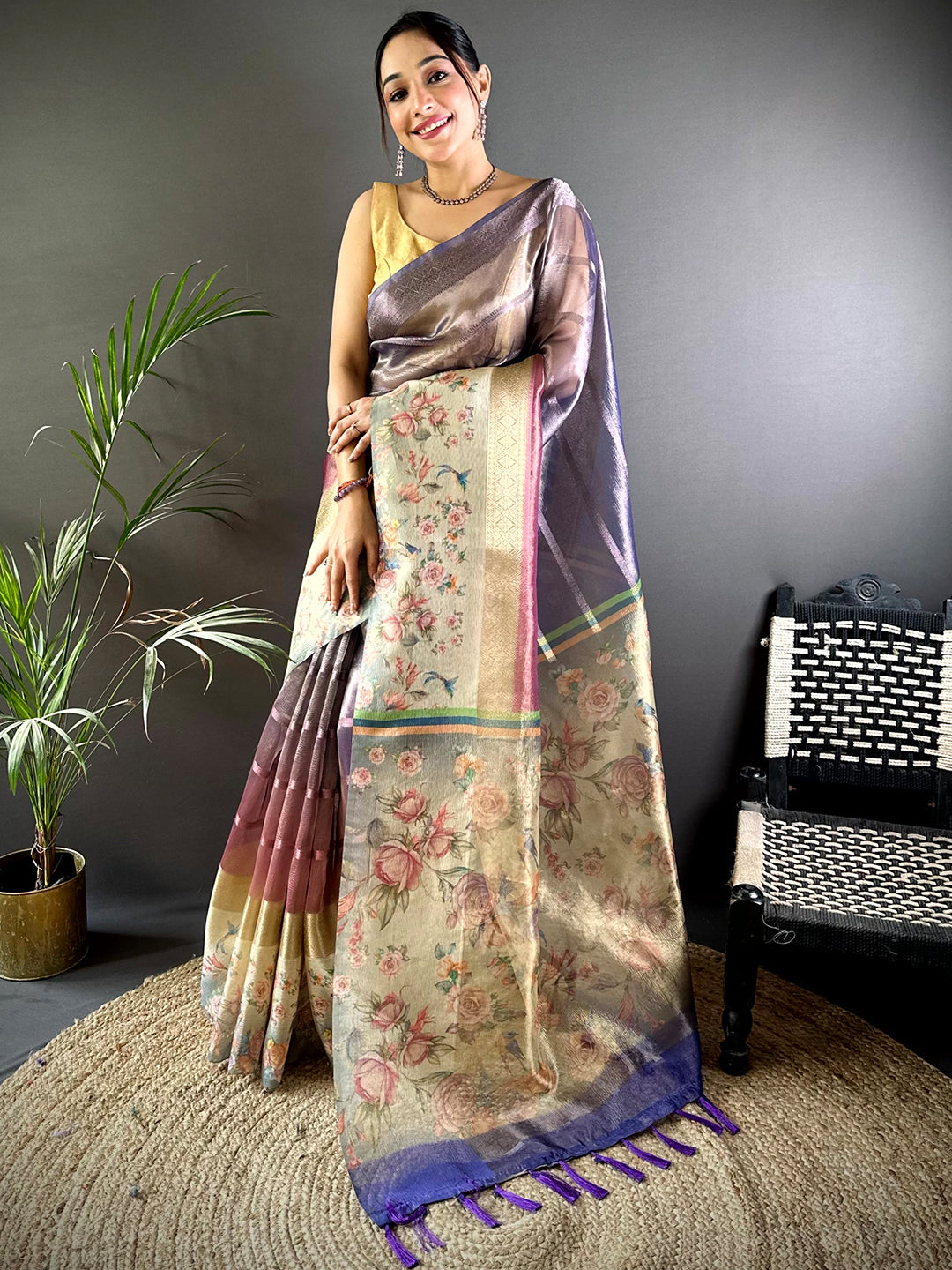 Purple Ombre Zari Tissue Digital Print Saree