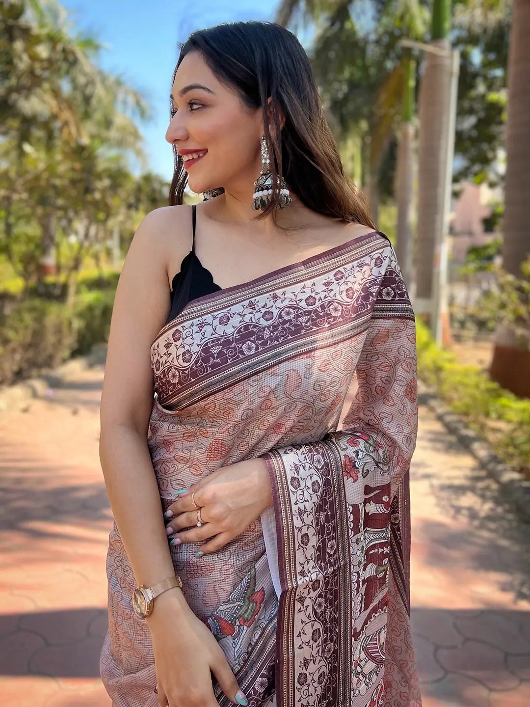 Close-up of Satin Kota Doria Saree with Kalamkari Design