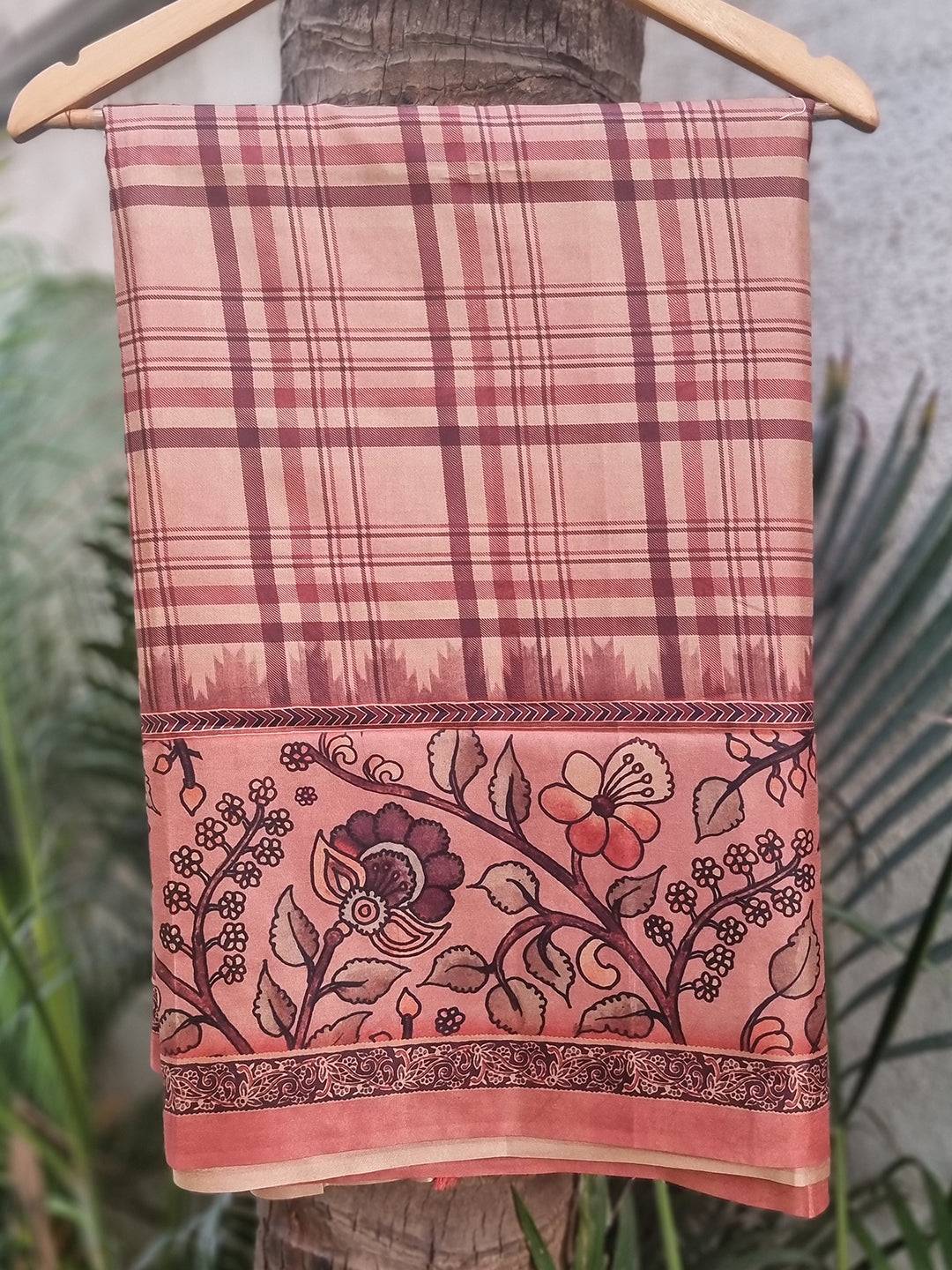 Tussar silk saree with chex and floral kalamkari design