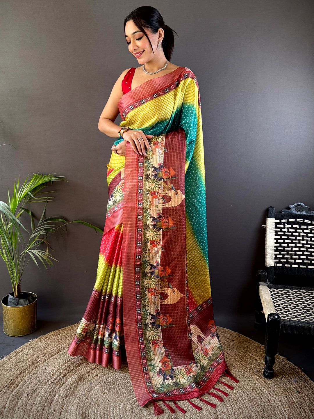 Shop Elegant Silk Blend Bandhani Print Saree featuring a rich blend of colors and detailed border design, perfect for weddings and celebrations.