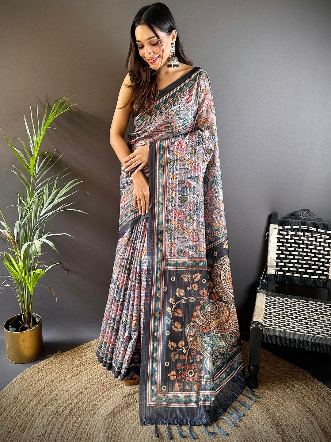 Grey Kalamkari Stripes Chanderi Saree