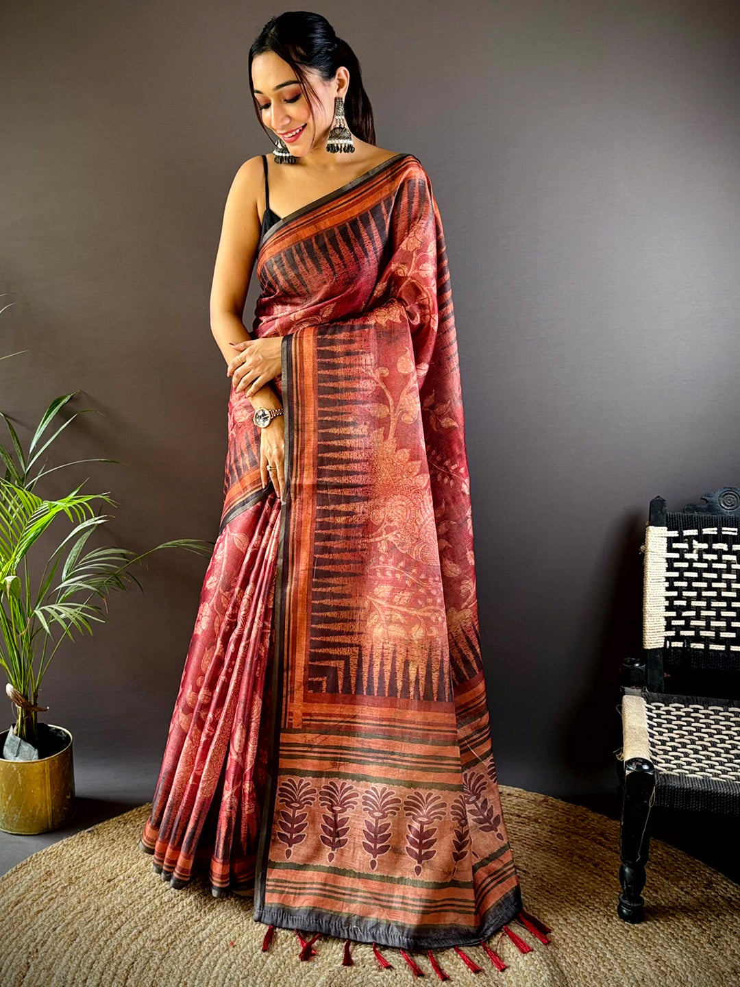 Rust Red Floral Stripes Tissue Saree