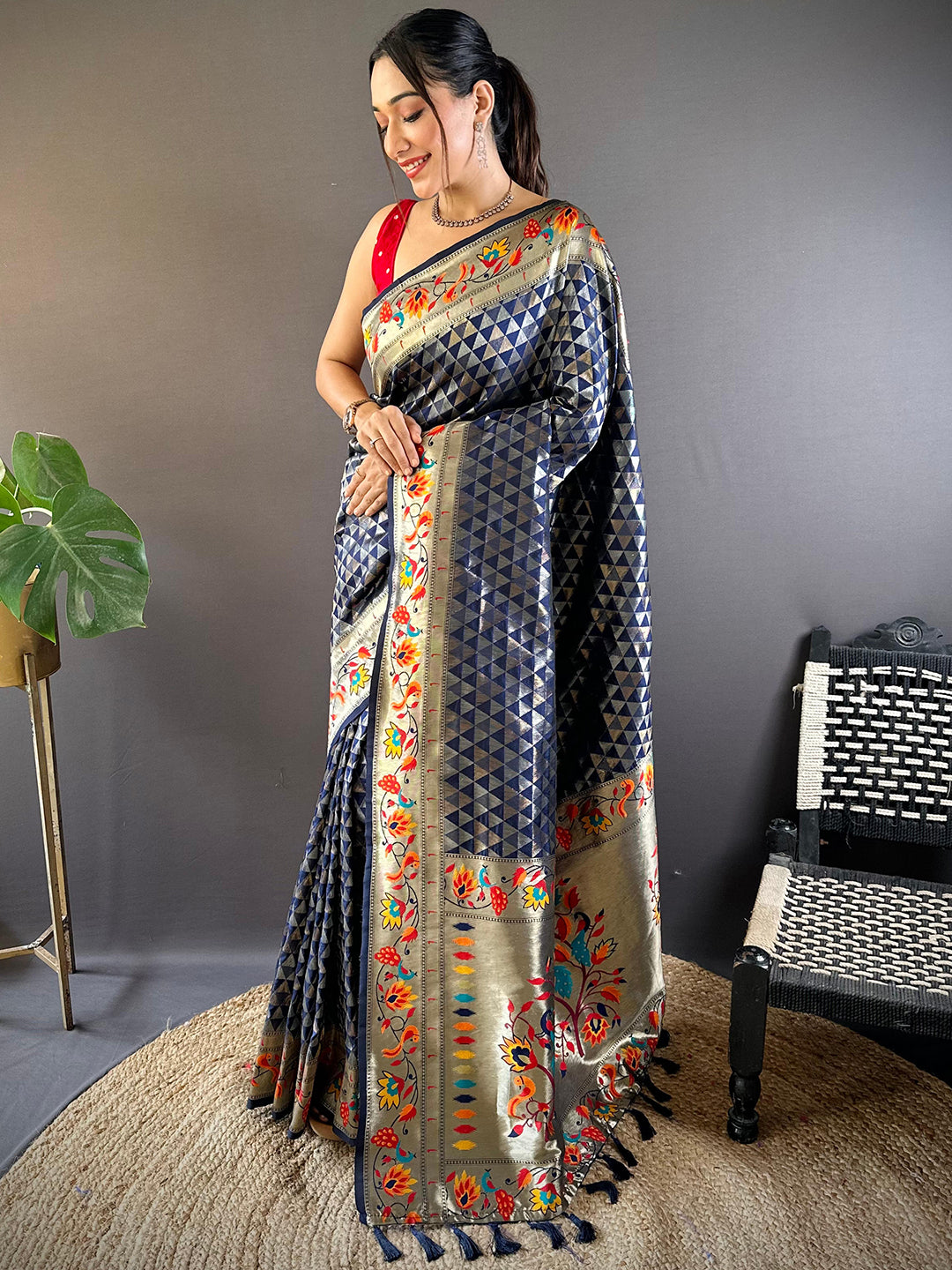 Elegant Navy Paithani Saree with Floral Zari Design