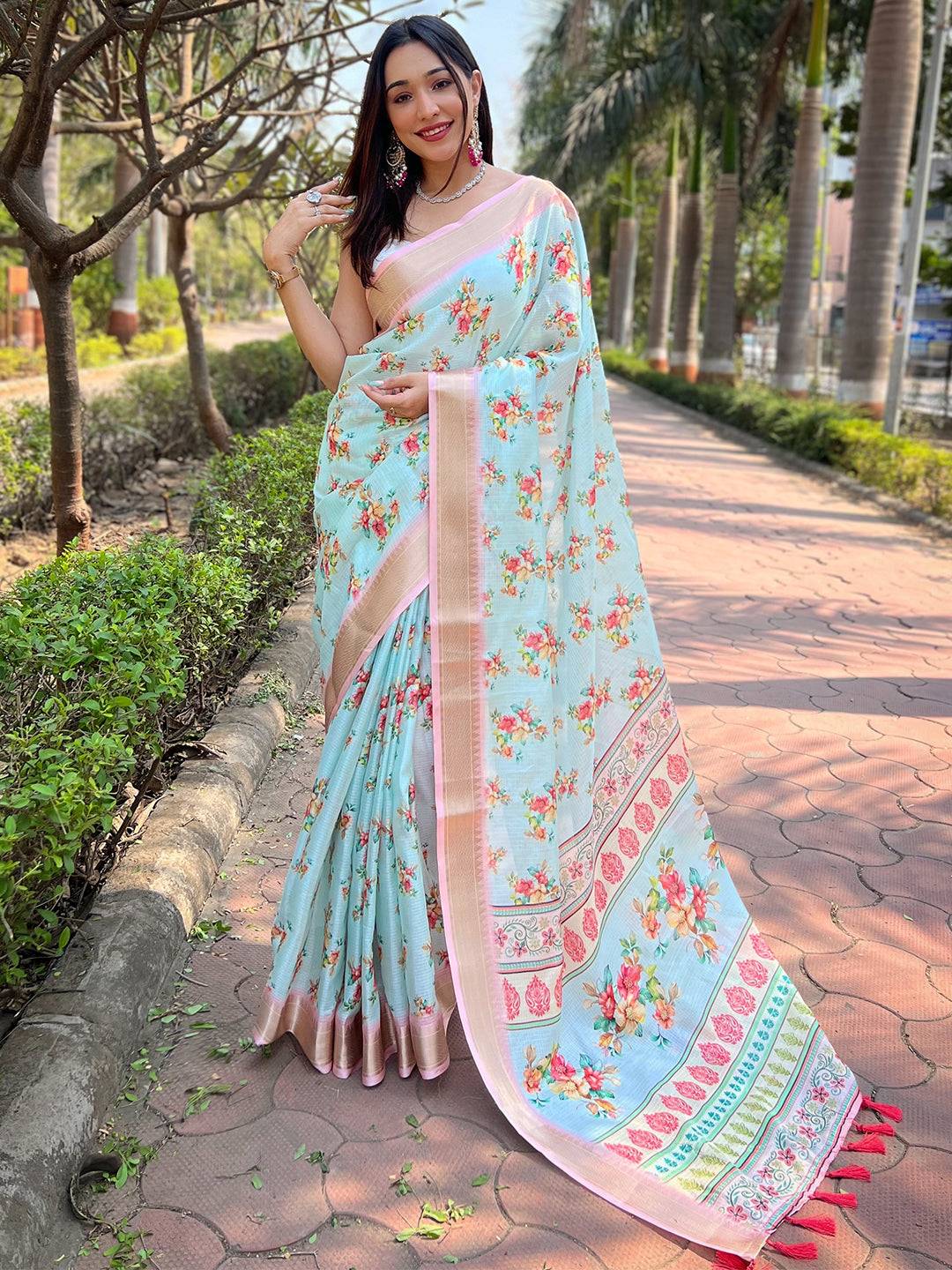 Turquoise Kota With Digital Floral Printed Saree