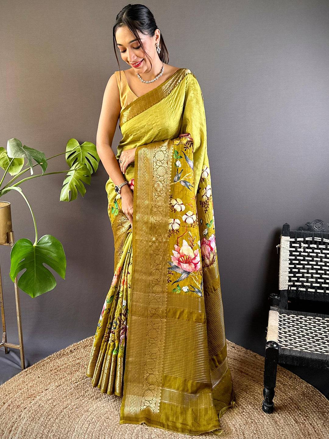 Light Green Floral Zari Chex Saree