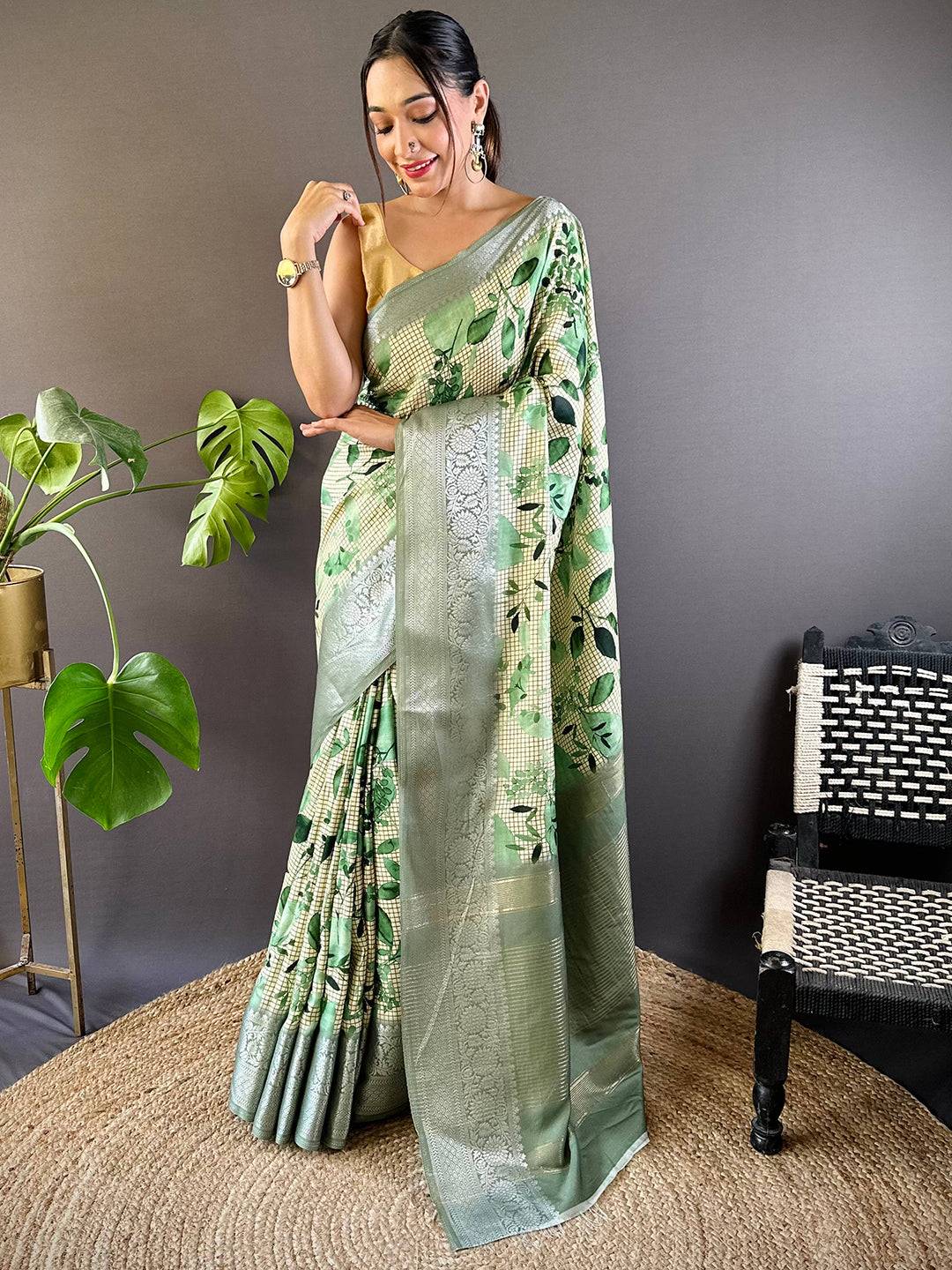 Leaf And Check Light Green Viscose Saree