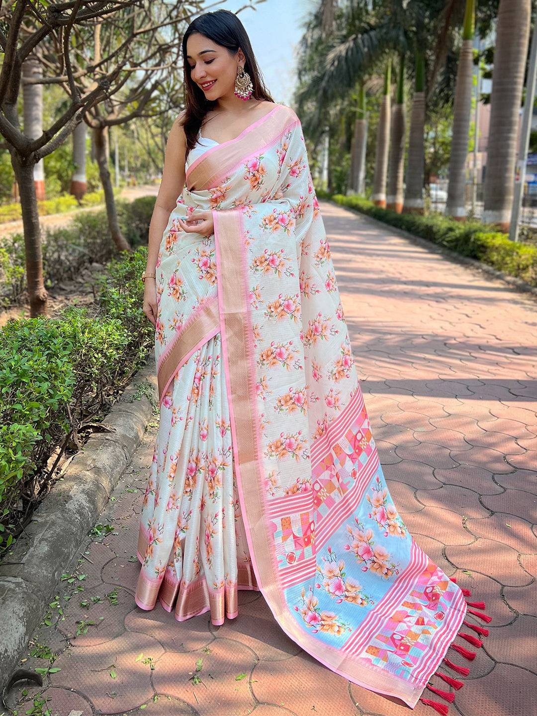 Light Peach Kota With Digital Floral Printd Saree