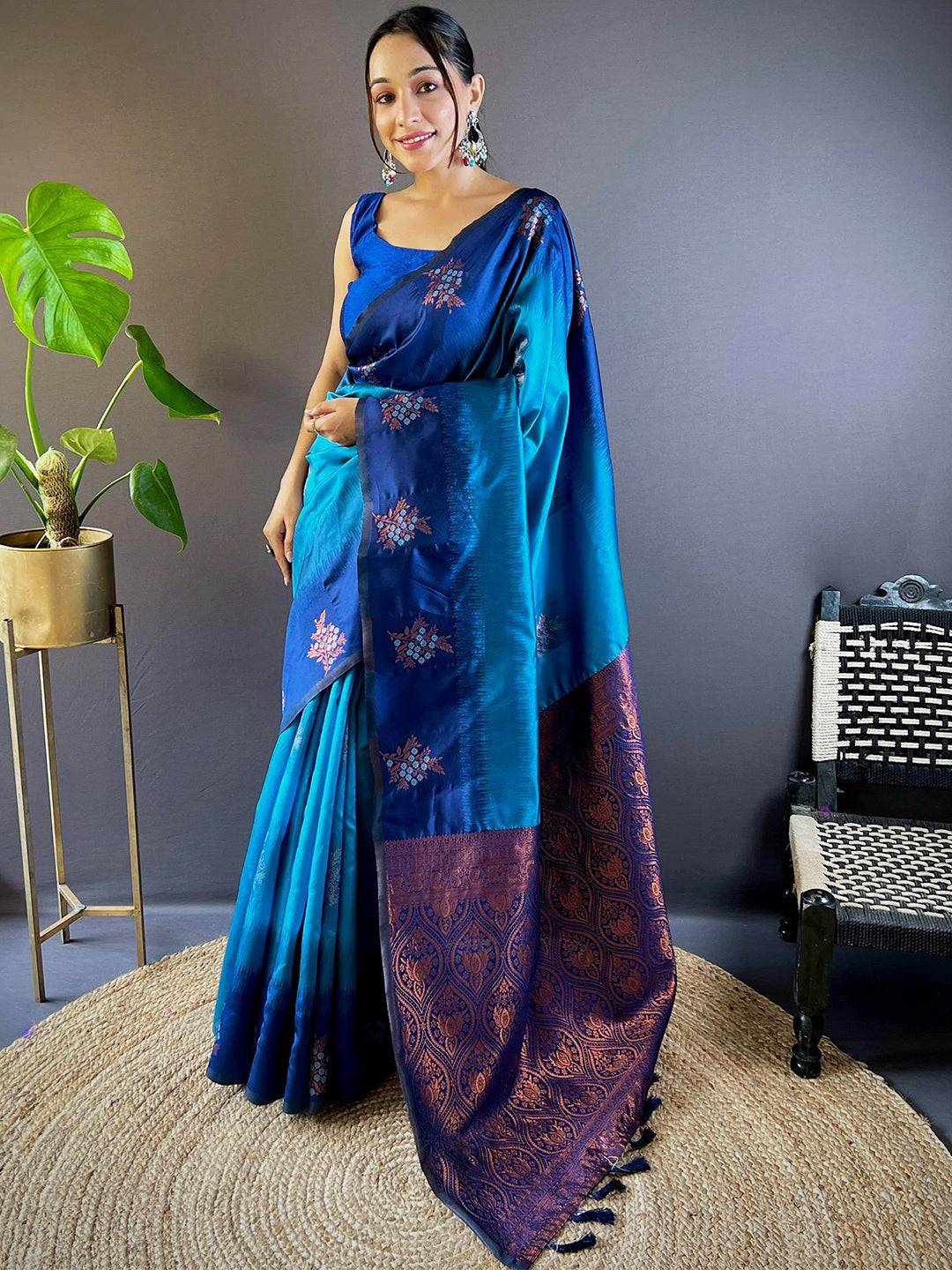 Elegant Royal Blue Sami Banarasi Tussar Silk Saree draped gracefully