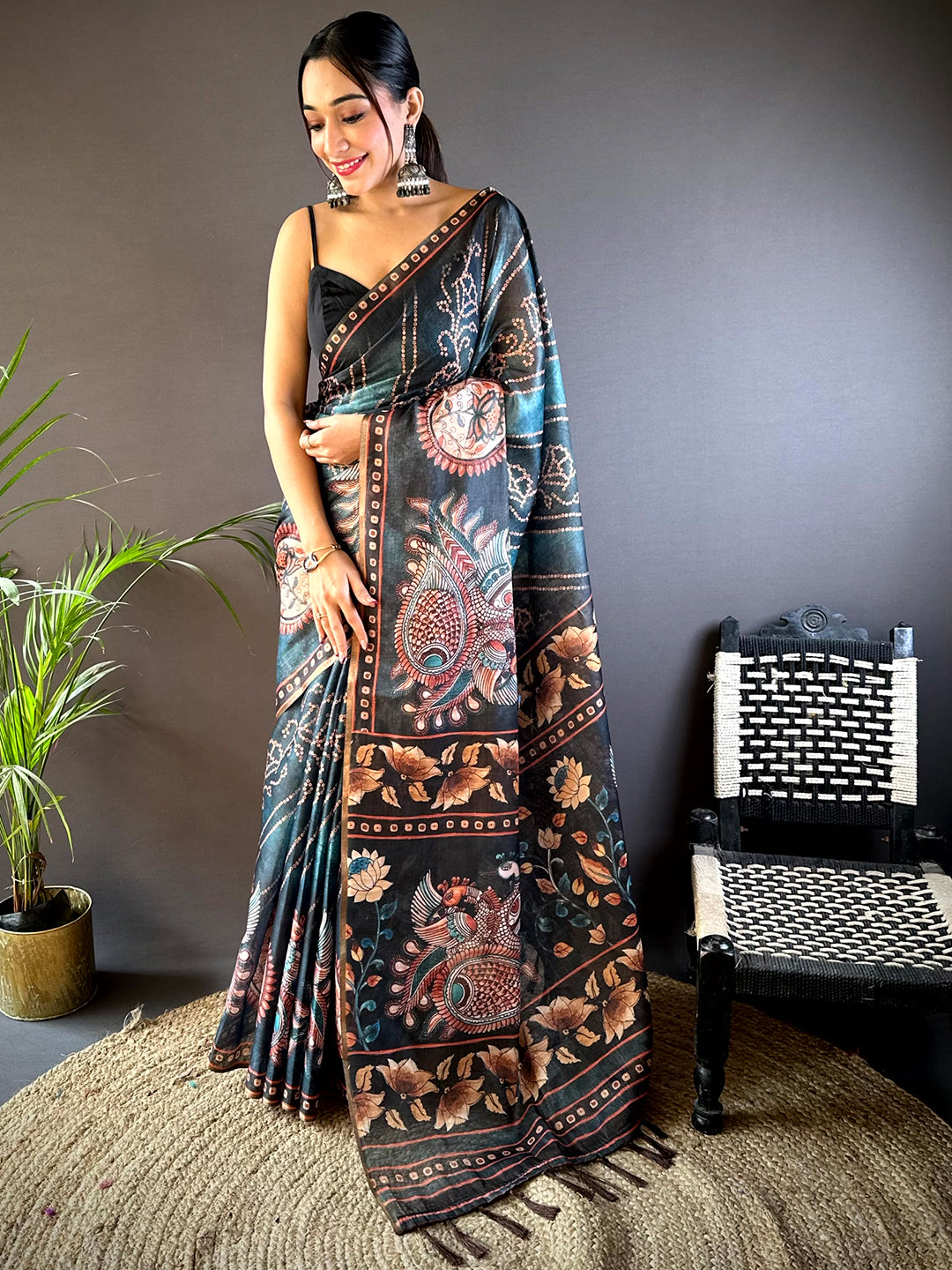 Blue Chanderi Bandhej Digital Print Saree