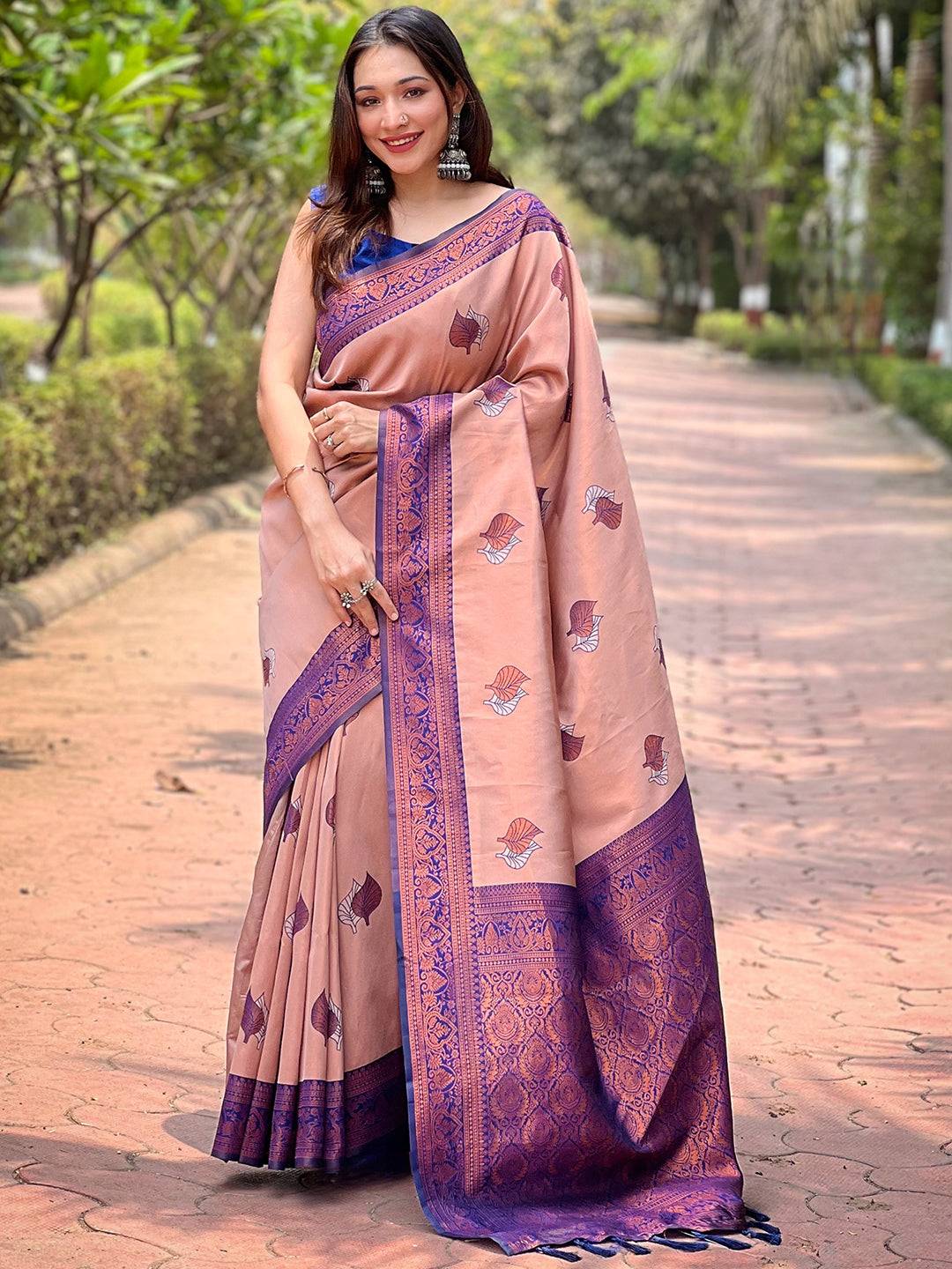 Pastel Peach Kanjivaram Tissue Saree With Gold Zari Weaving