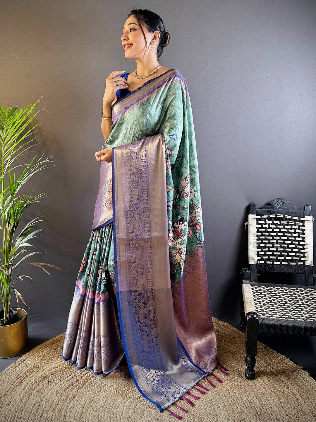 Intricate Aqua Pearl Banarasi Silk Saree