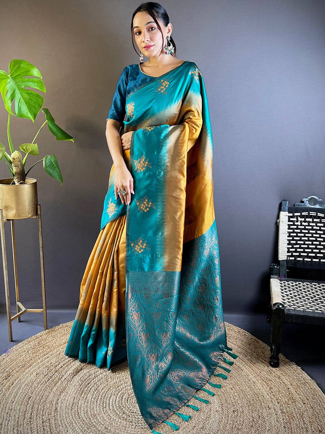 Full view of Mustard Sami Banarasi Tussar Silk Saree.