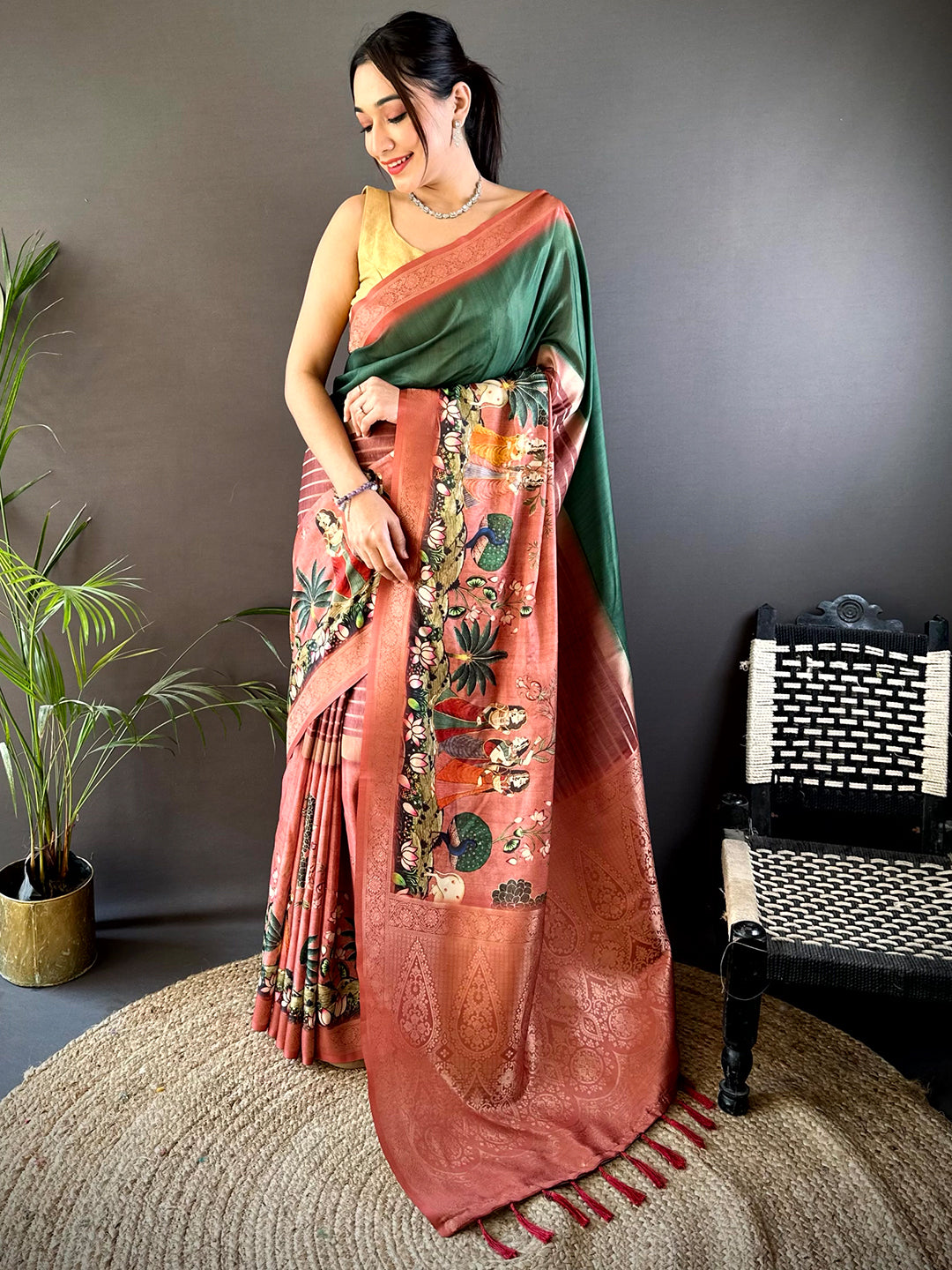 Dark Green Kalamkari Ombre Soft Silk Saree