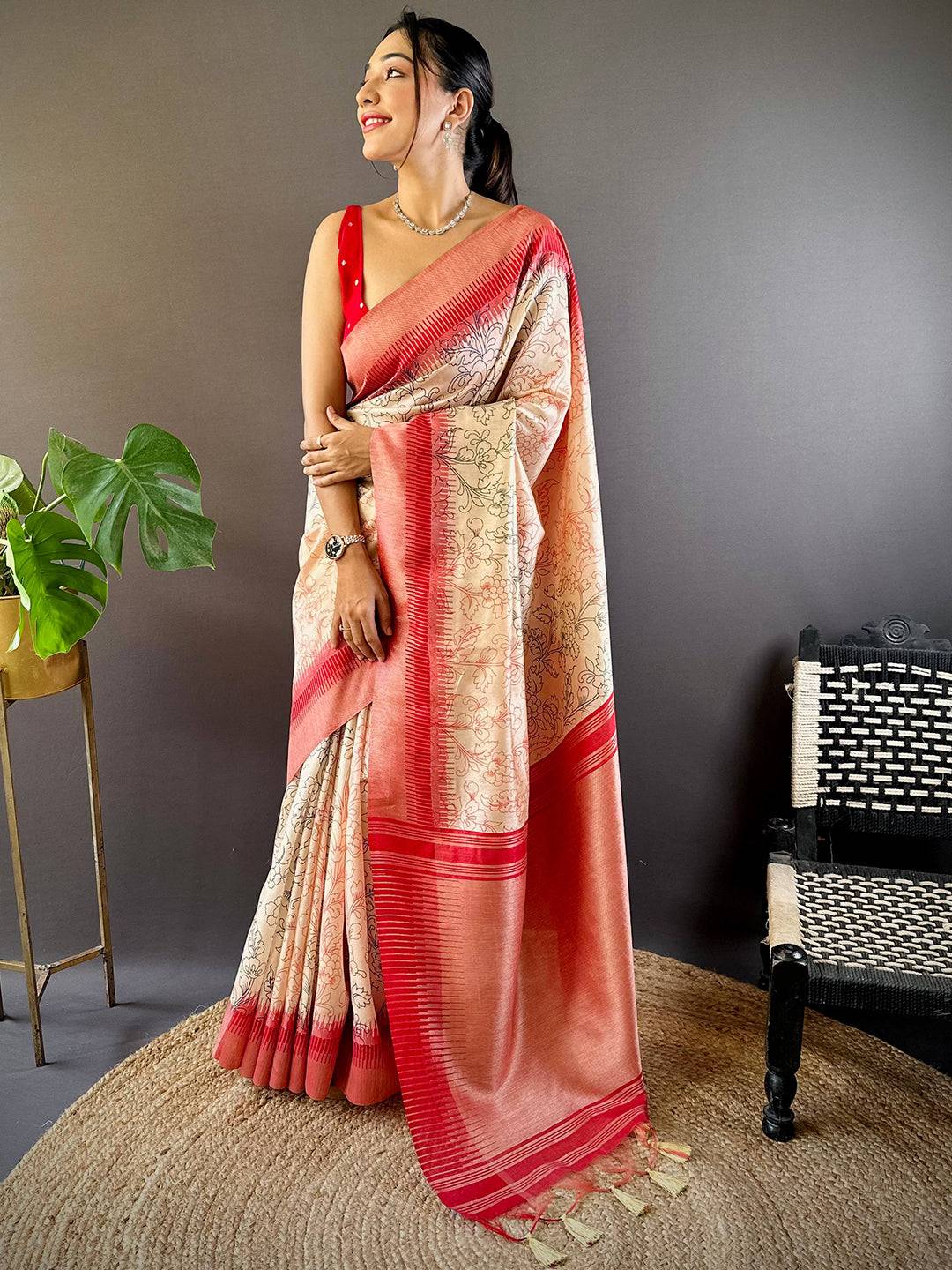 Cream Floral Tussar Silk Saree