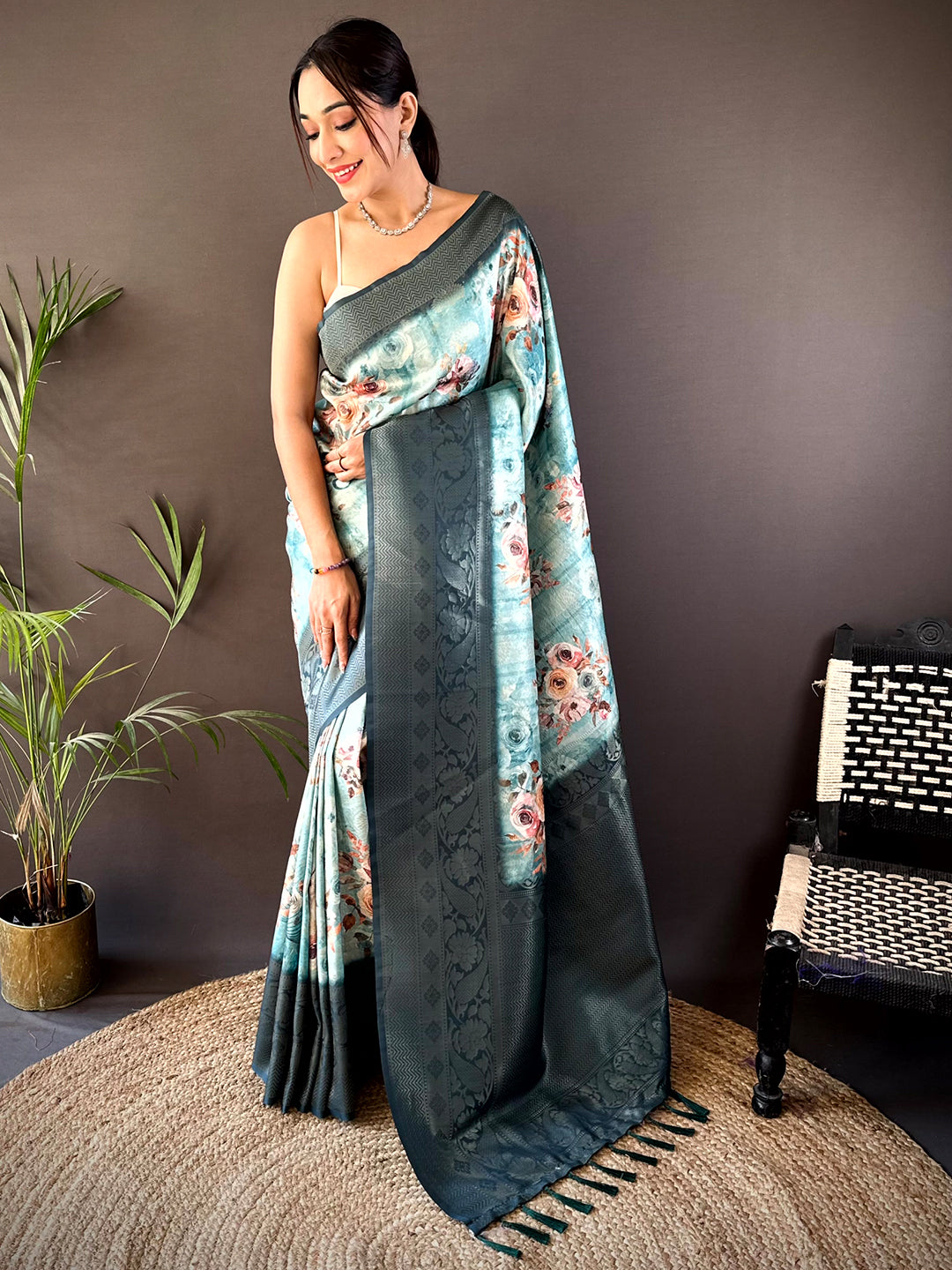 Teal Kanjivaram Digital Silk Saree