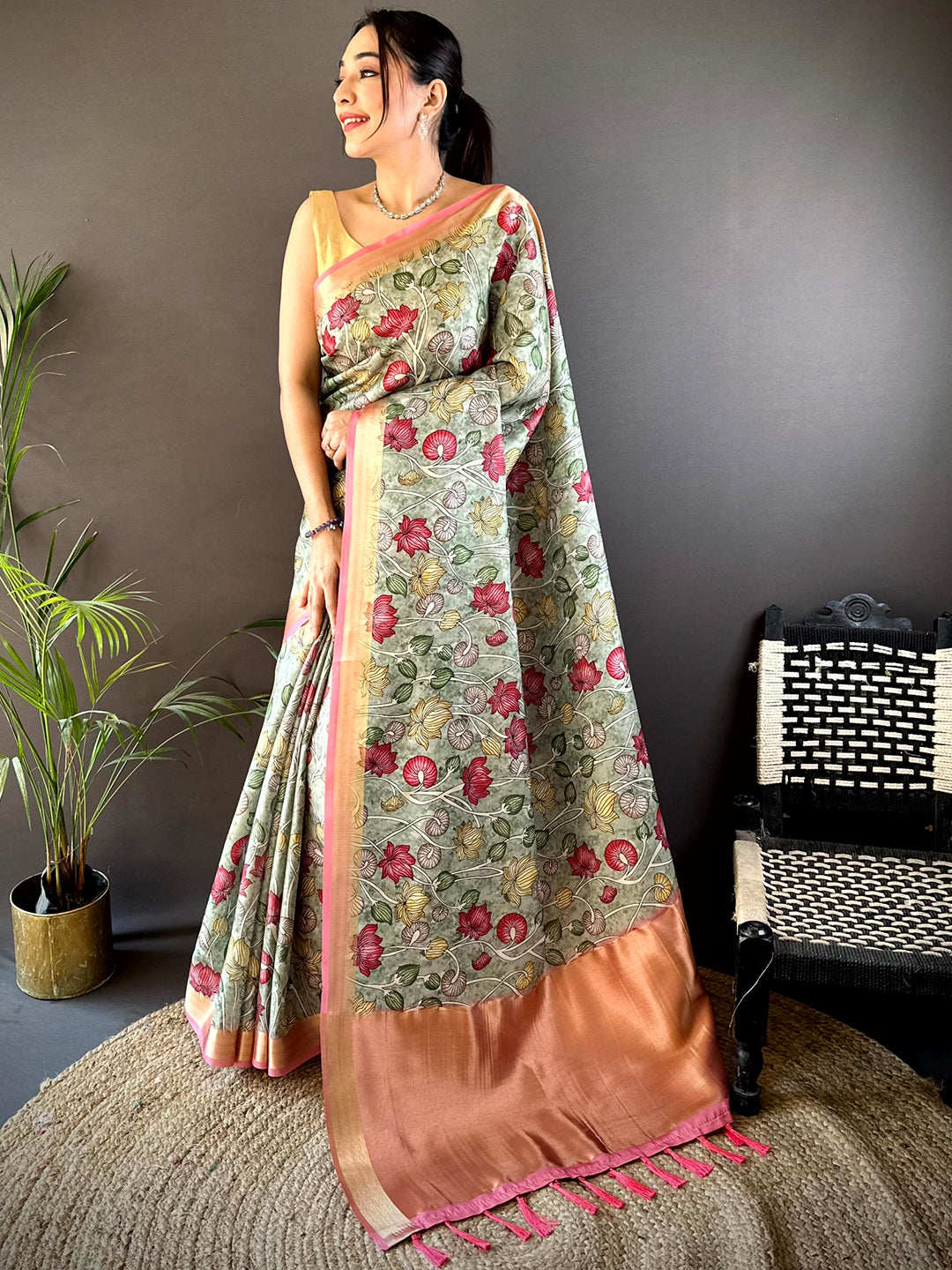 Mint Green Soft Silk Tissue Floral Print Saree