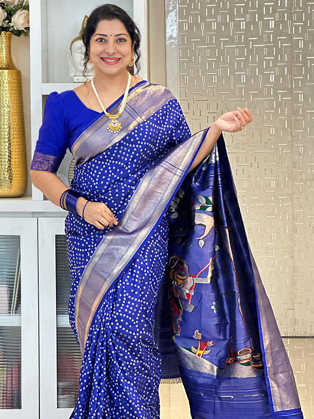 Blue Soft Silk Bandhej Weaving Saree