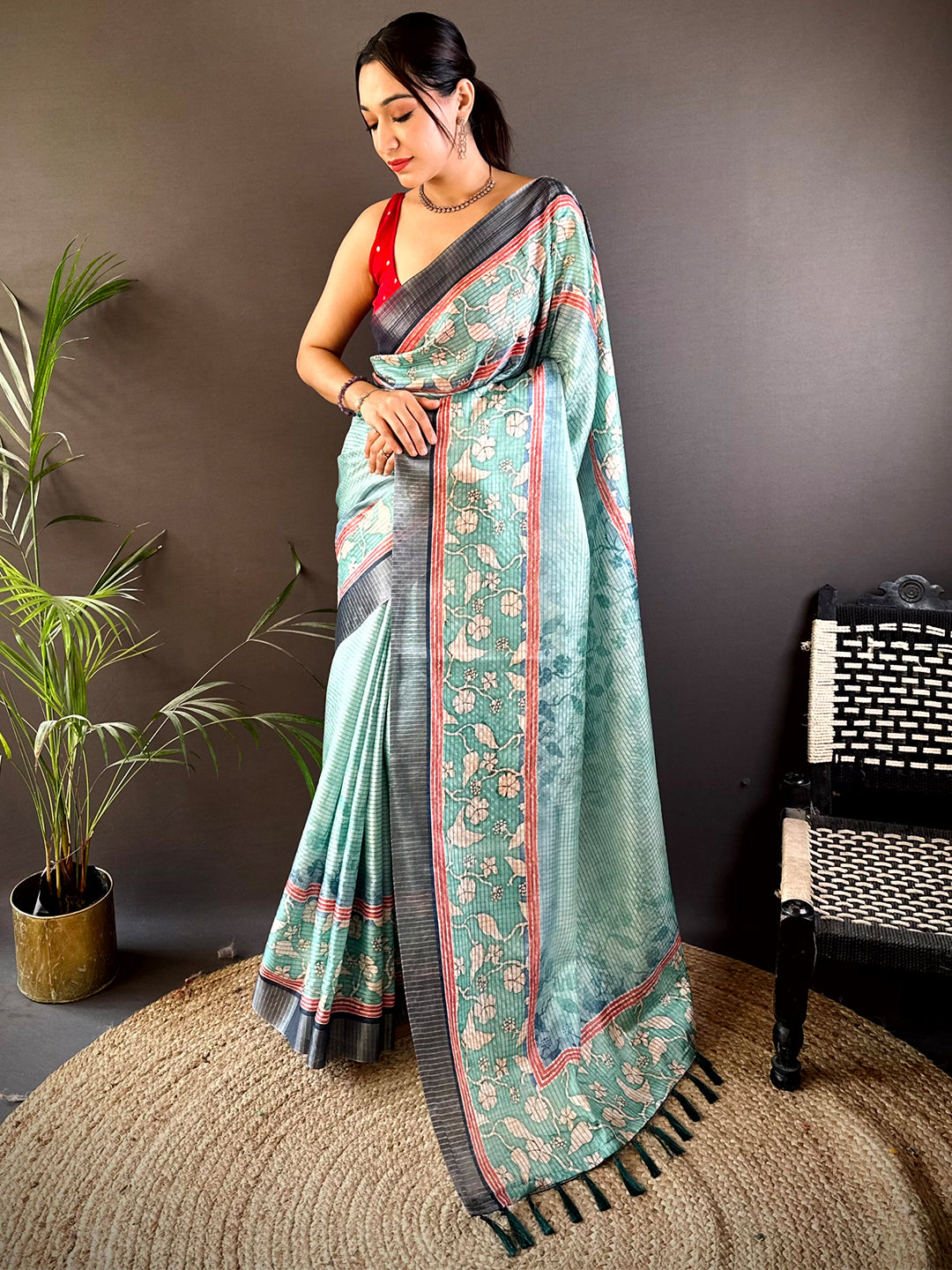 Graceful Green Soft Silk Chex Saree