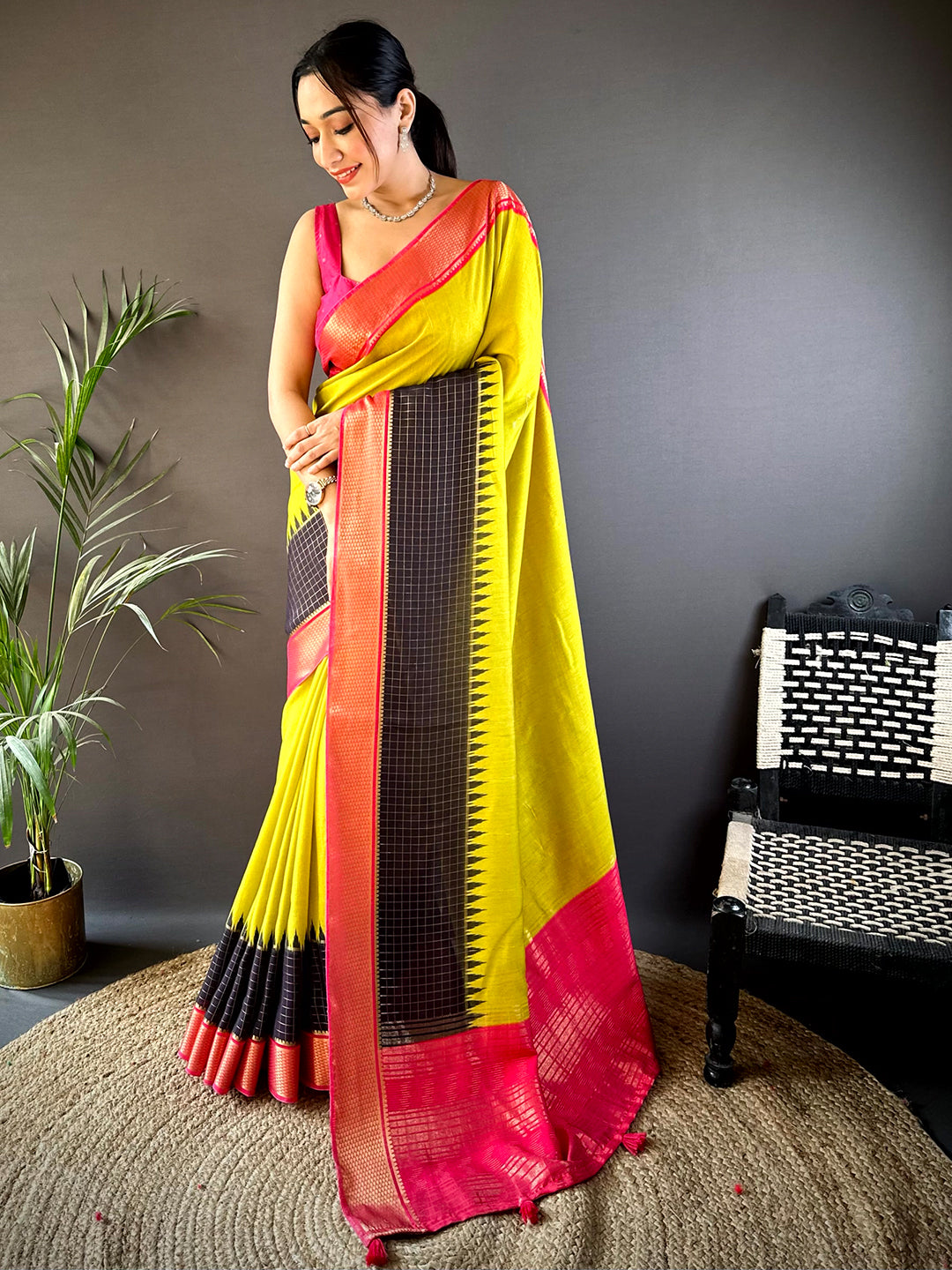 Lemon Yellow Zari Pallu Cotton Viscose Saree