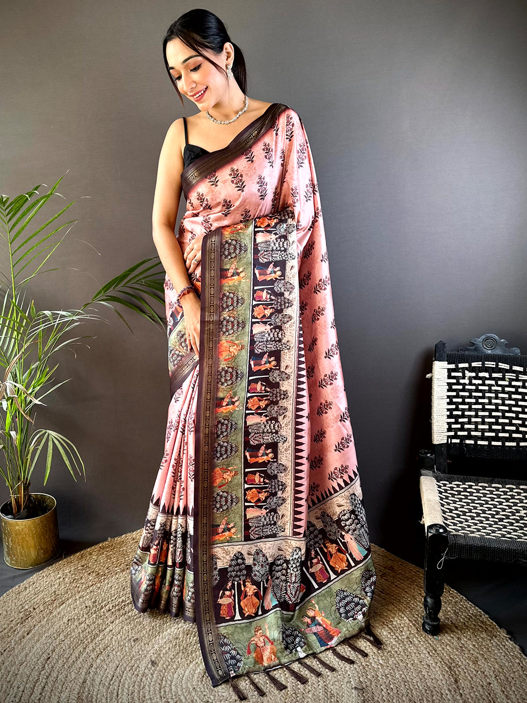 Pink Soft Silk Bird Kalamkari Print Saree