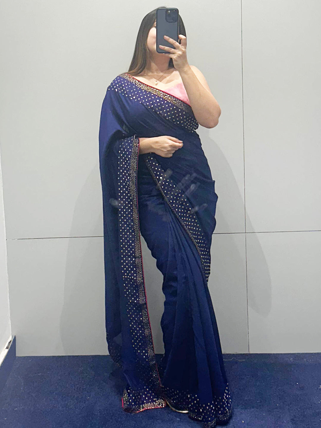 Navy Vichitra silk saree with Swarovski stones, mirror selfie.