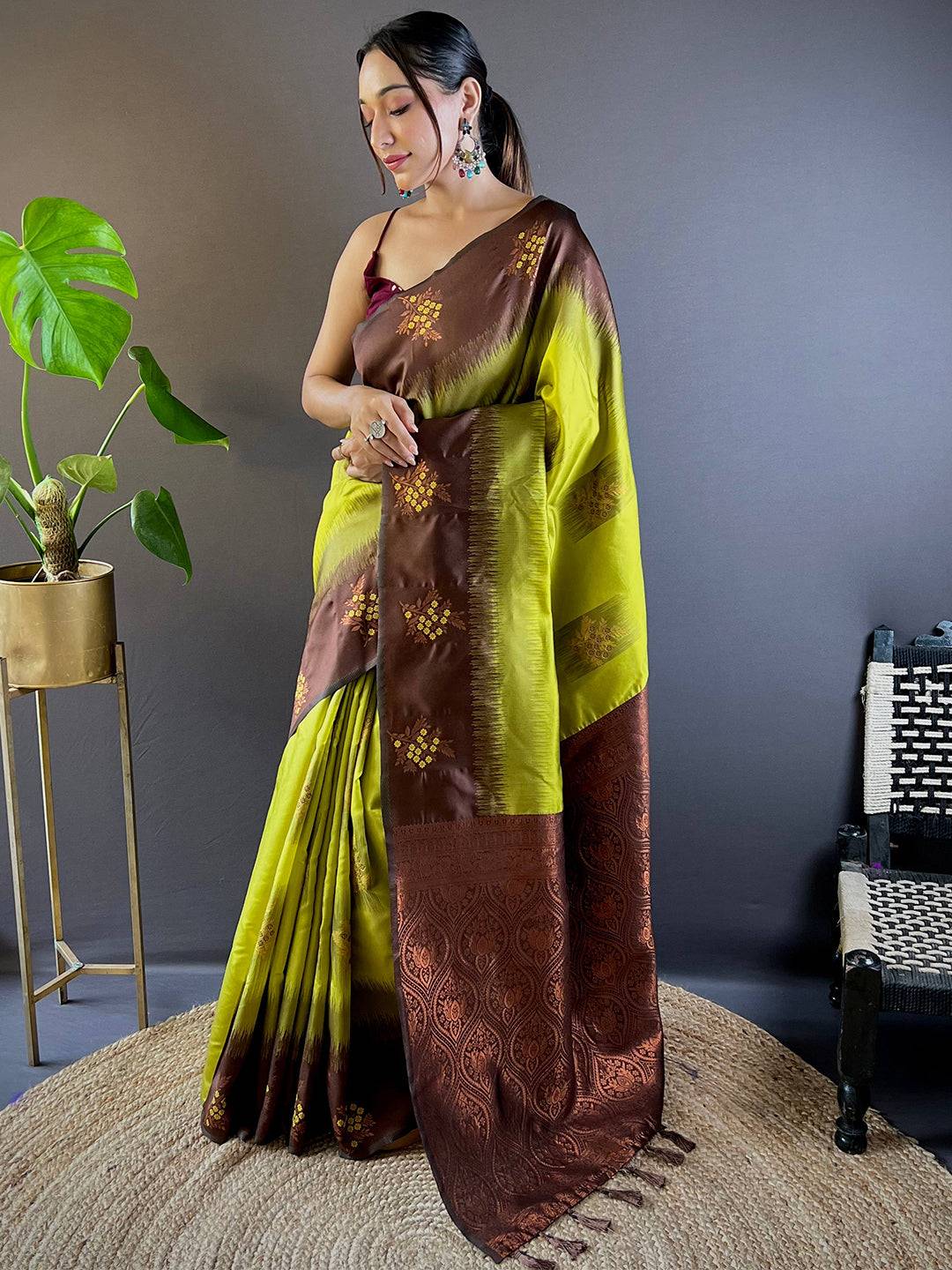 Full view of Green Sami Banarasi Tussar Silk Saree