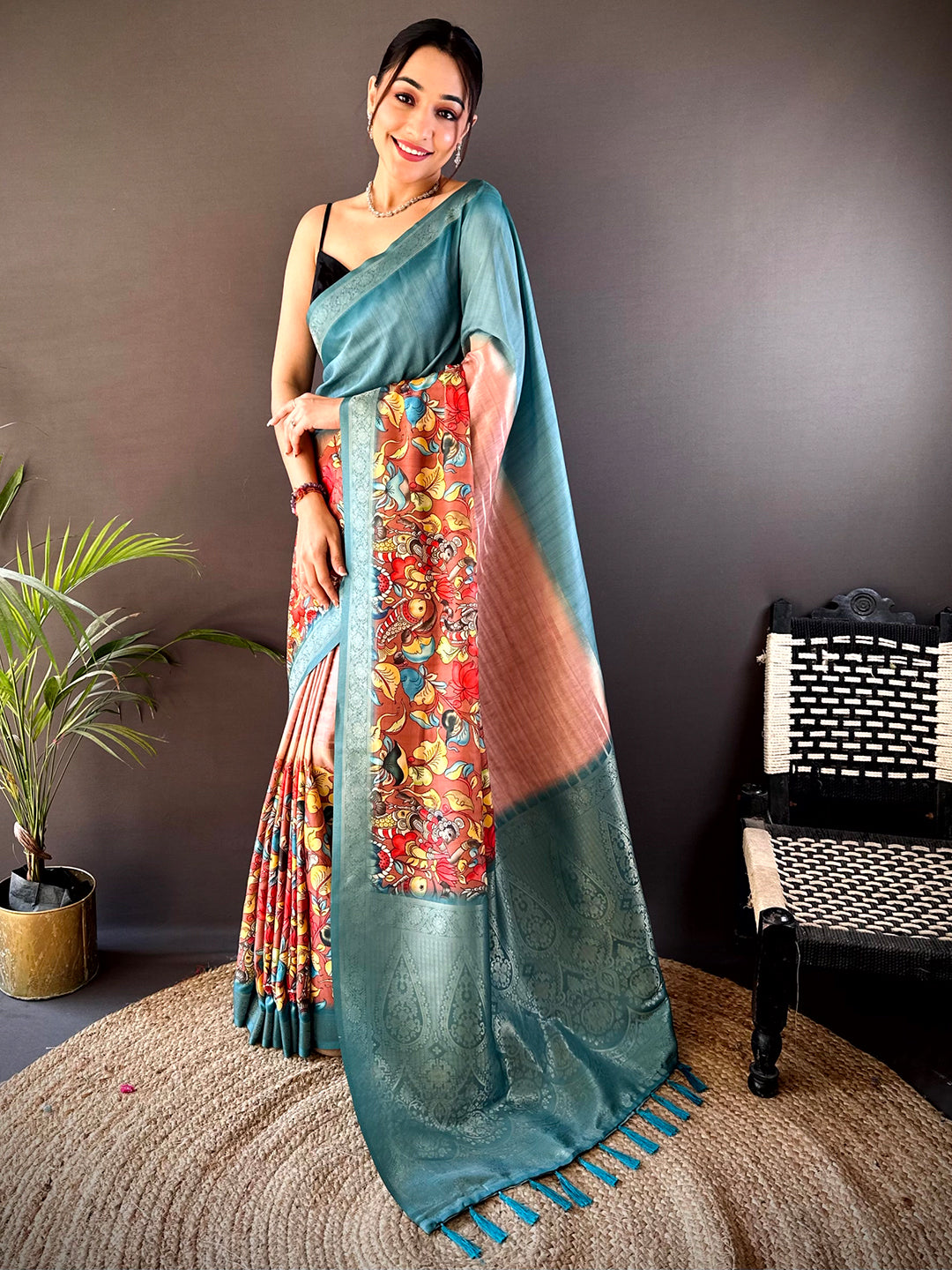 Deep Teal Kalamkari Ombre Soft Silk Saree