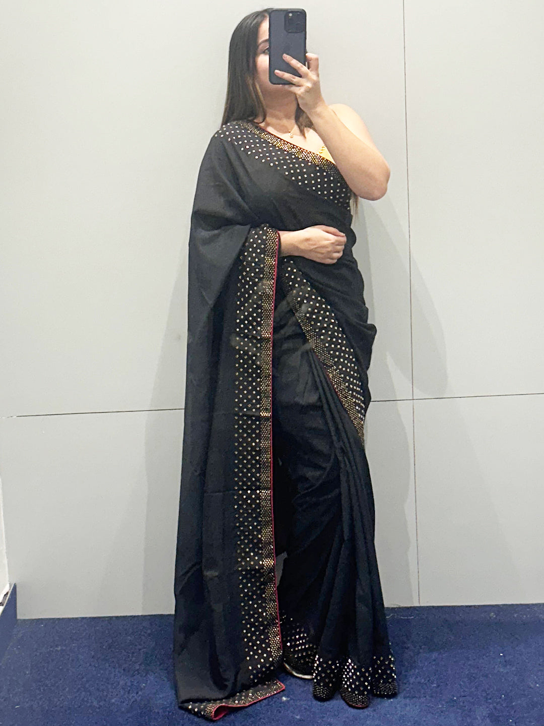 Black Vichitra Silk Saree with Swarovski Stones, mirror selfie