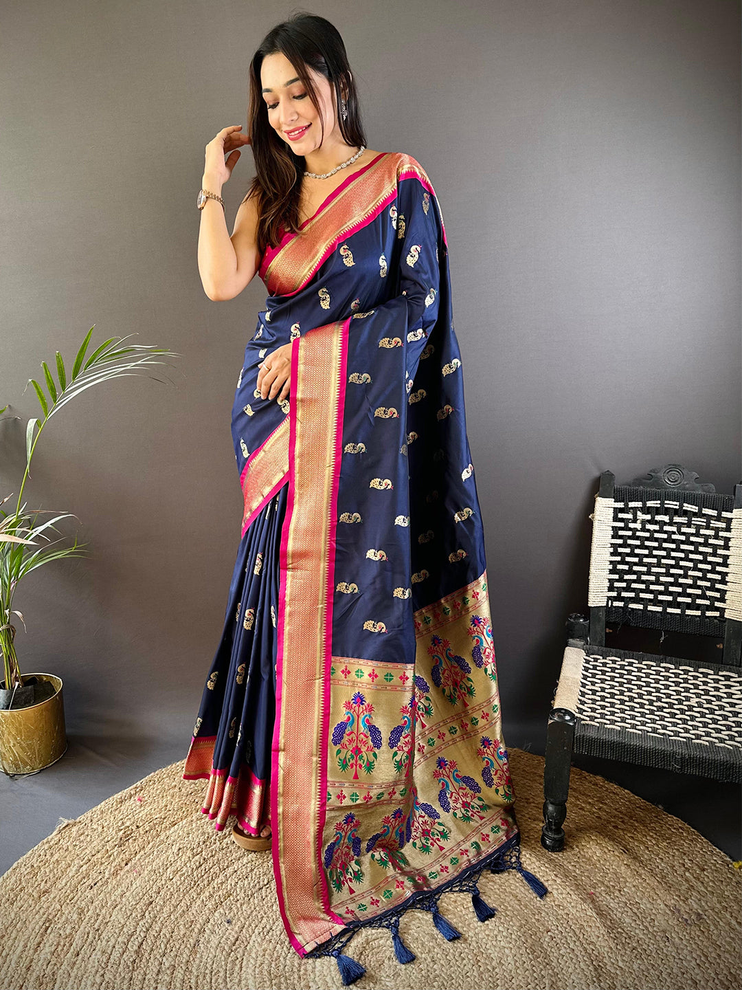 Trendy Yevla Paithani Minakari Work Silk Saree in Navy Colour