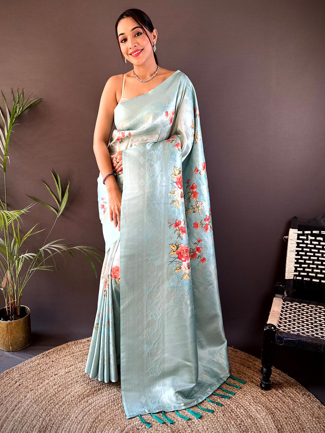 Aqua Kanjivaram Digital Silk Saree