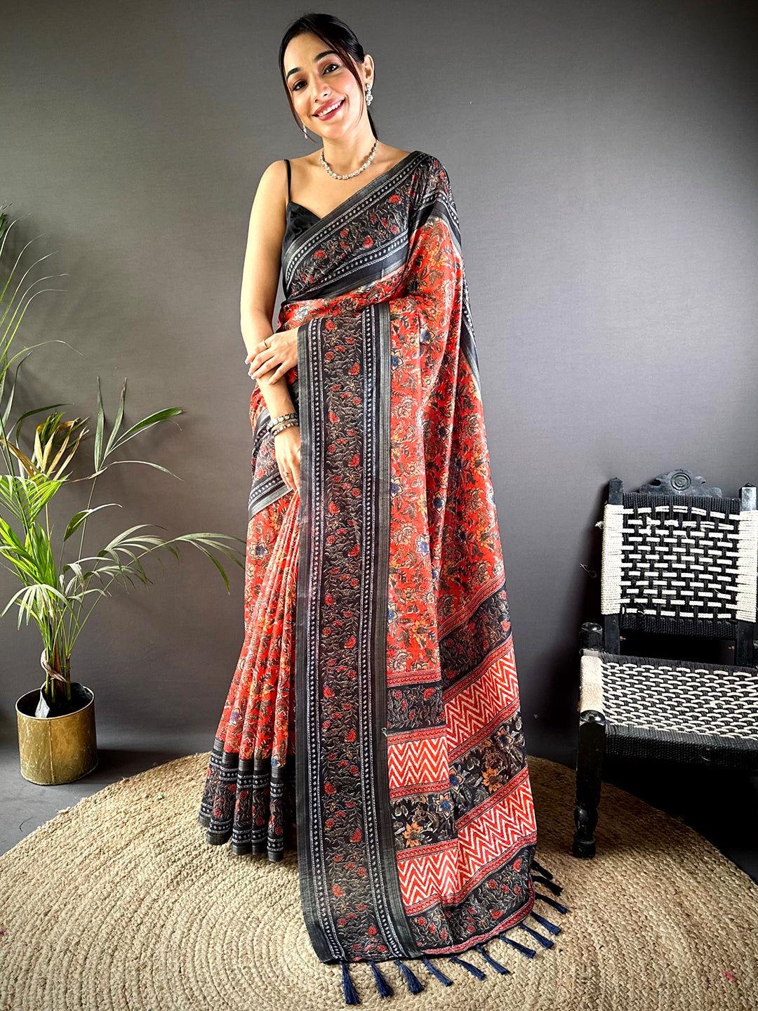 Red Chanderi Phulkari Floral Digital Print Saree