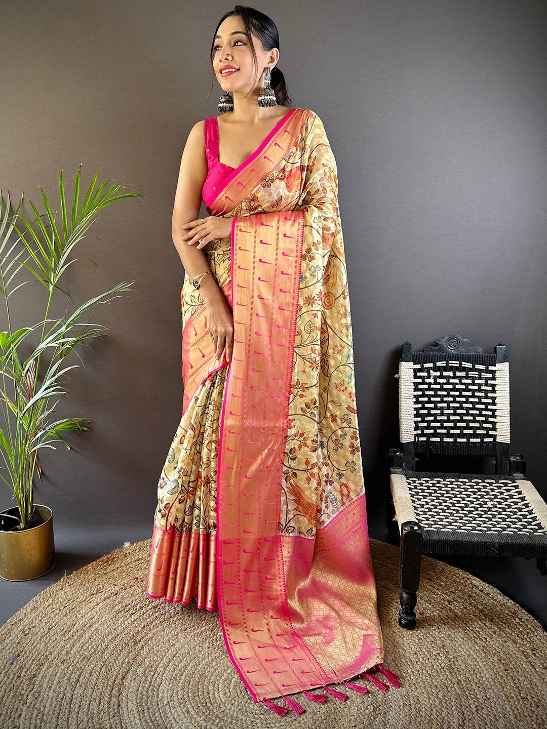 Golden Beige Paithani Kora Silk Saree