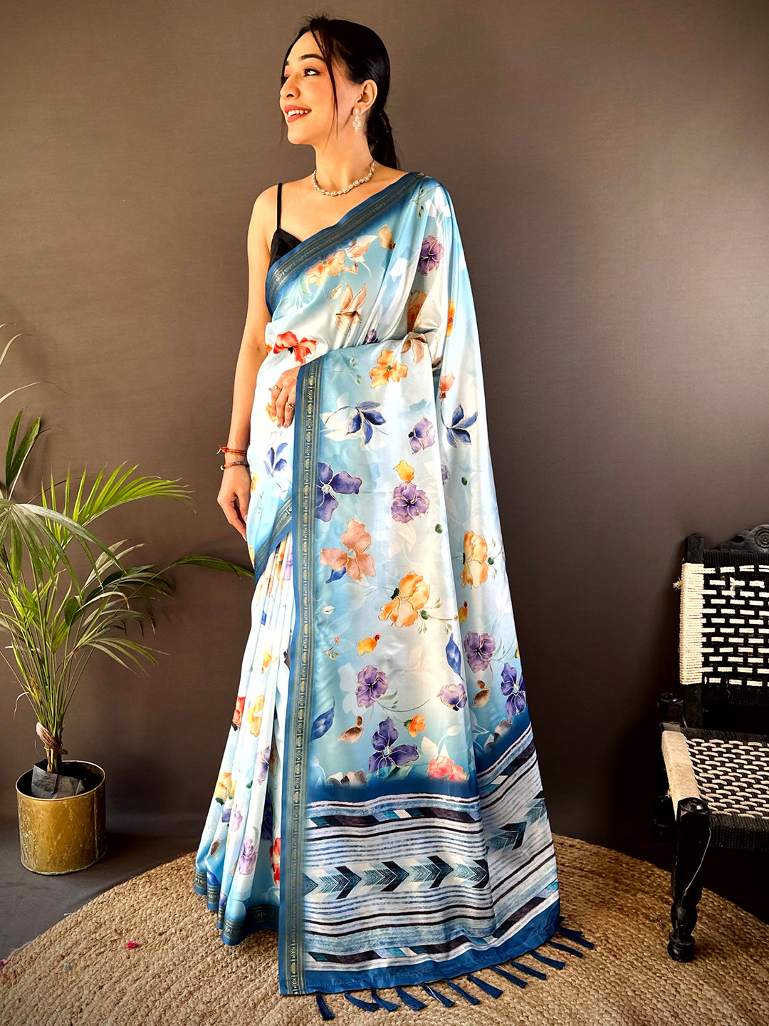 Aqua Floral Digital Print Silk Saree