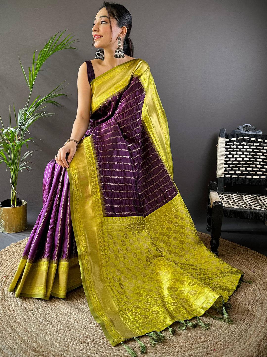 Wine Elegance With Golden Chain Motifs Saree