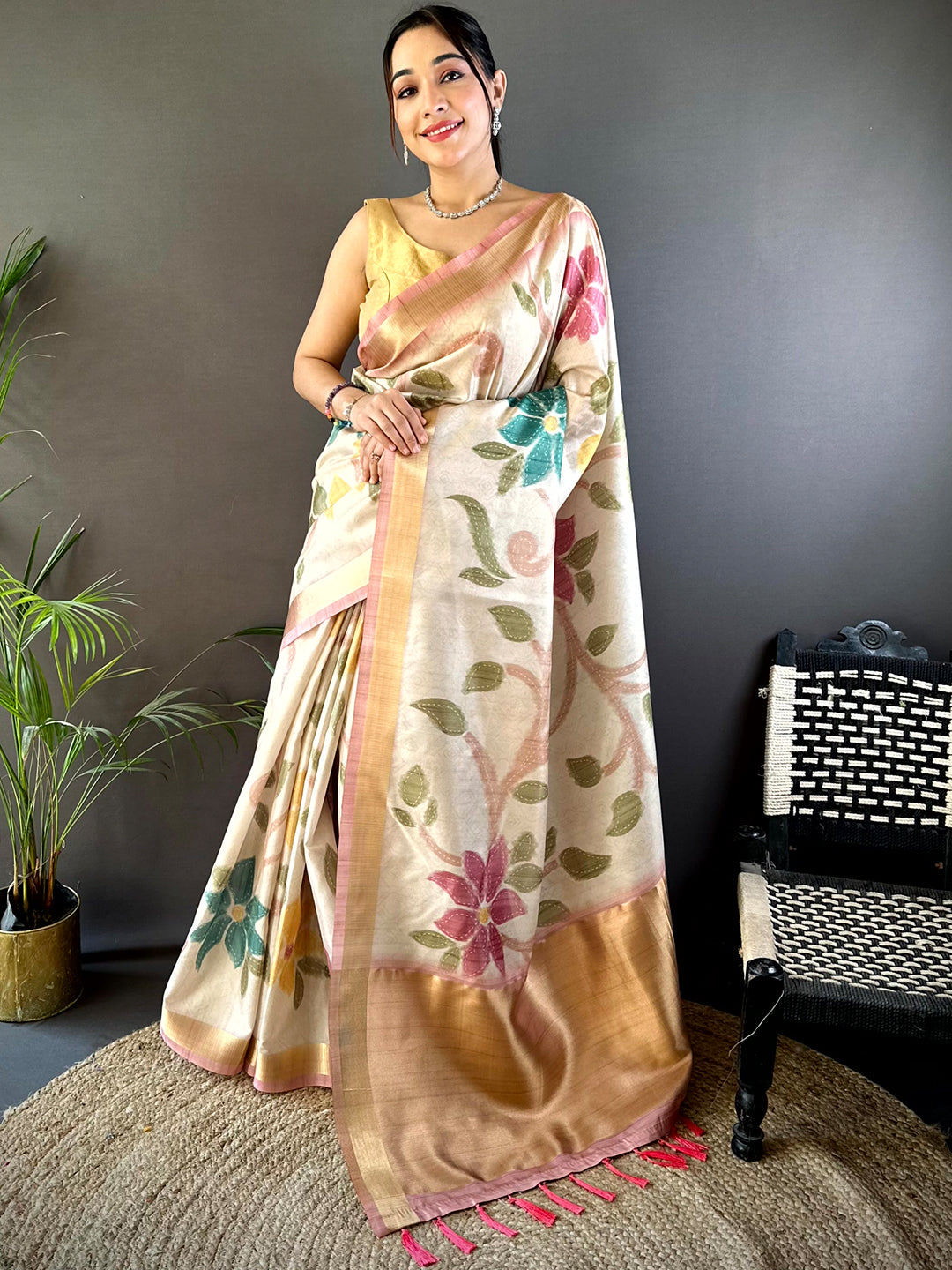 Cream Soft Silk Tissue Floral Print Saree