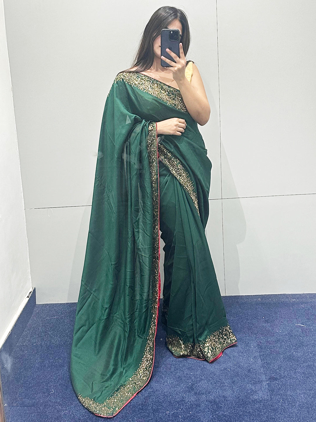 Standing Pose in Green Silk Saree with Stone Work