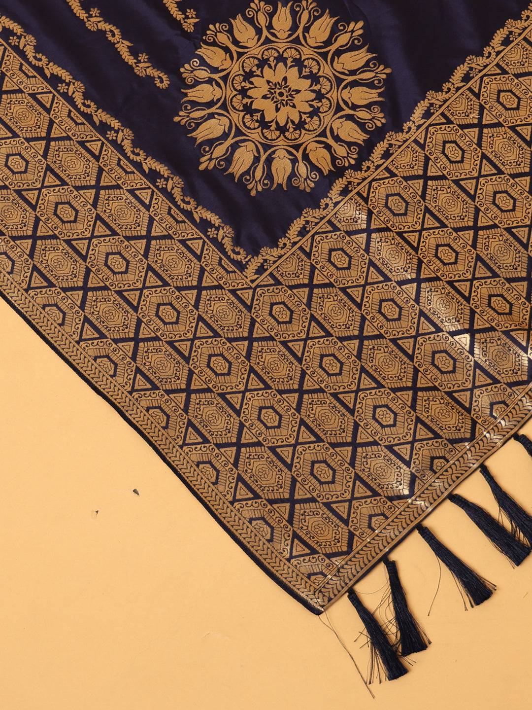 Close-up of navy silk blend dupatta with geometric design.