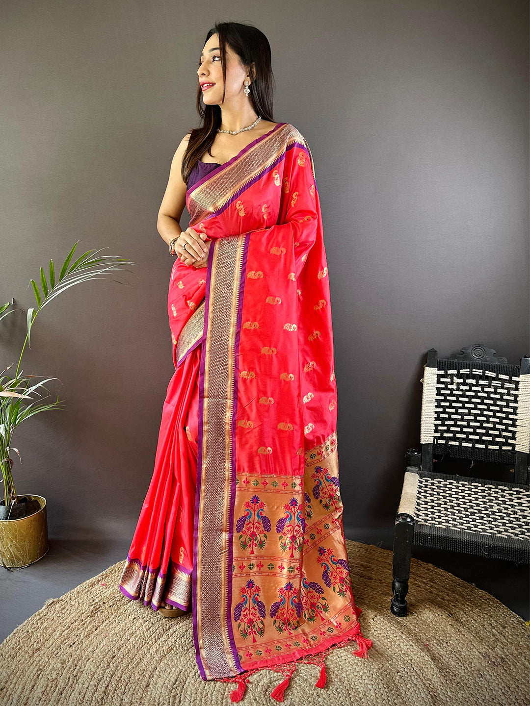 Traditonal Gajri Colour Yevla Paithani Minakari Work Silk Saree