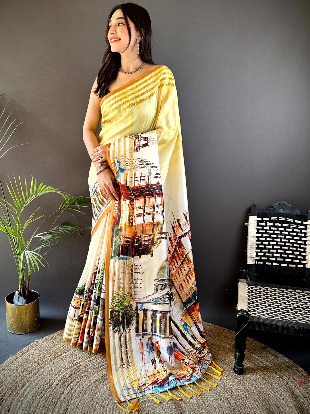 Lime Yellow Japanese Freehand Digital Print Saree